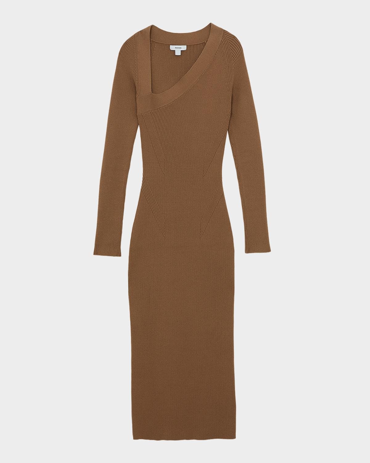Reiss Zeta Asymmetric-Neck Rib-Knit Midi Dress