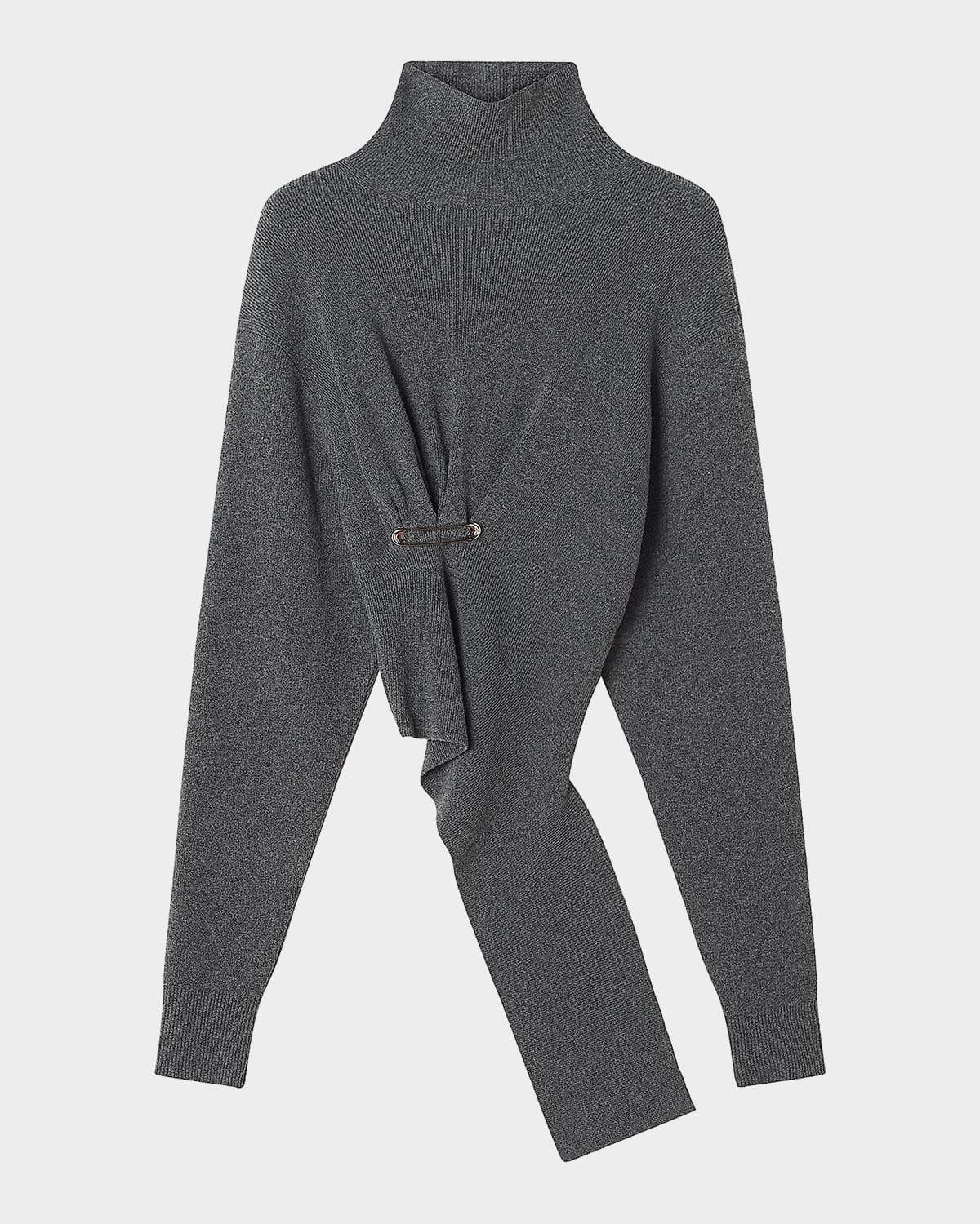 Lanvin Asymmetric Safety-Pin Gathered Cashmere Turtleneck Sweater