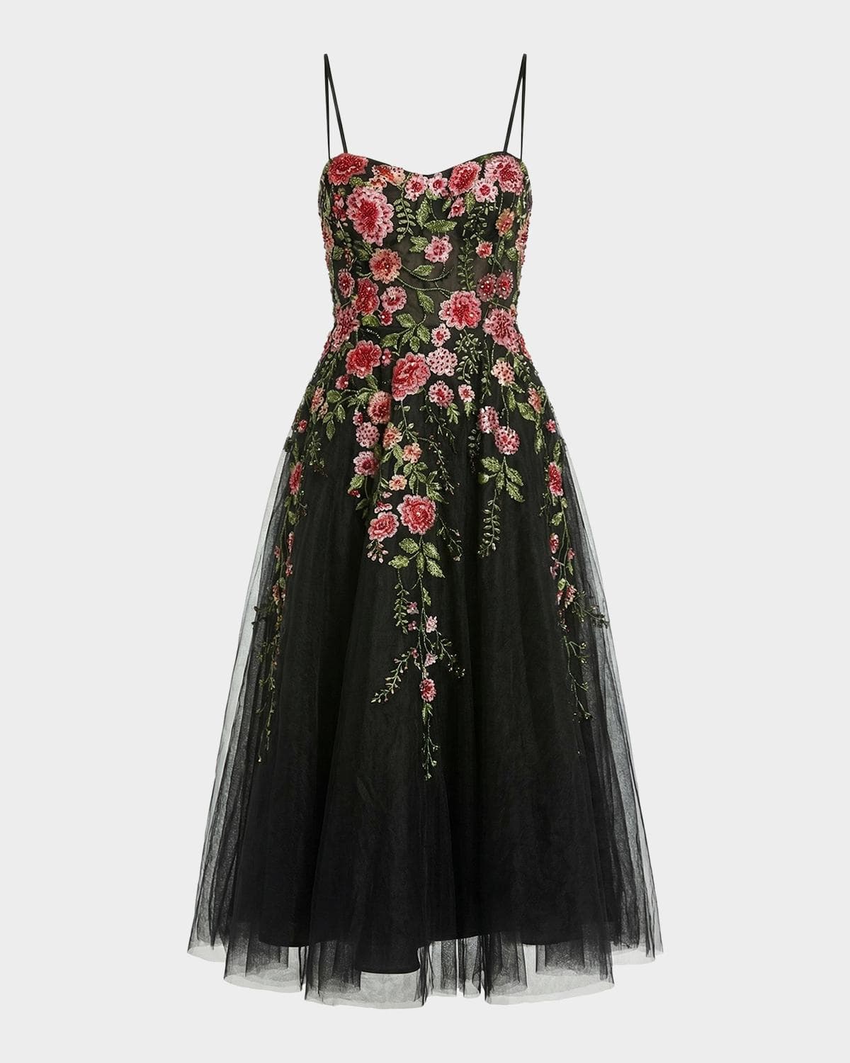 Mac Duggal Floral-Embroidered Tulle Midi Dress