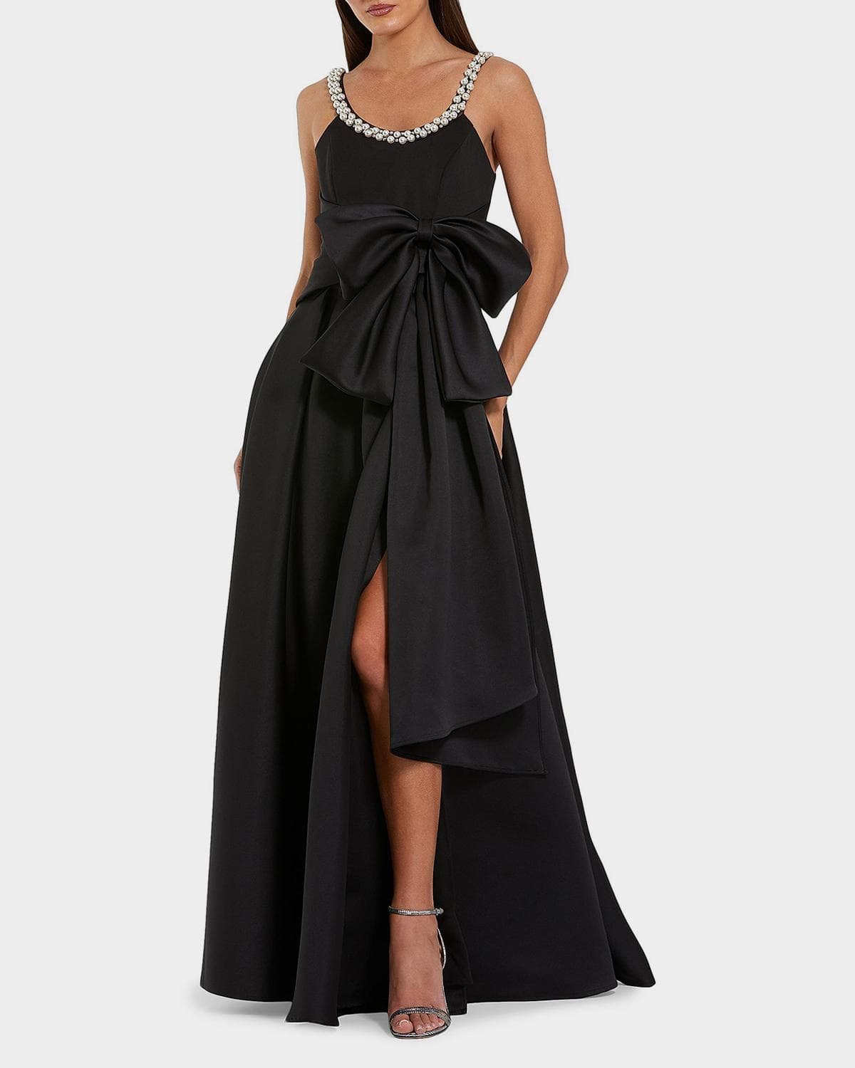 Mac Duggal Pleated Pearly-Trim Bow Satin Gown