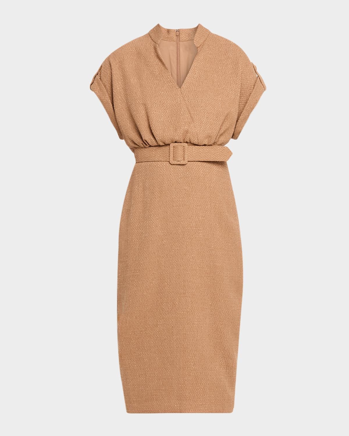 Badgley Mischka Belted Bodycon Tweed Midi Dress