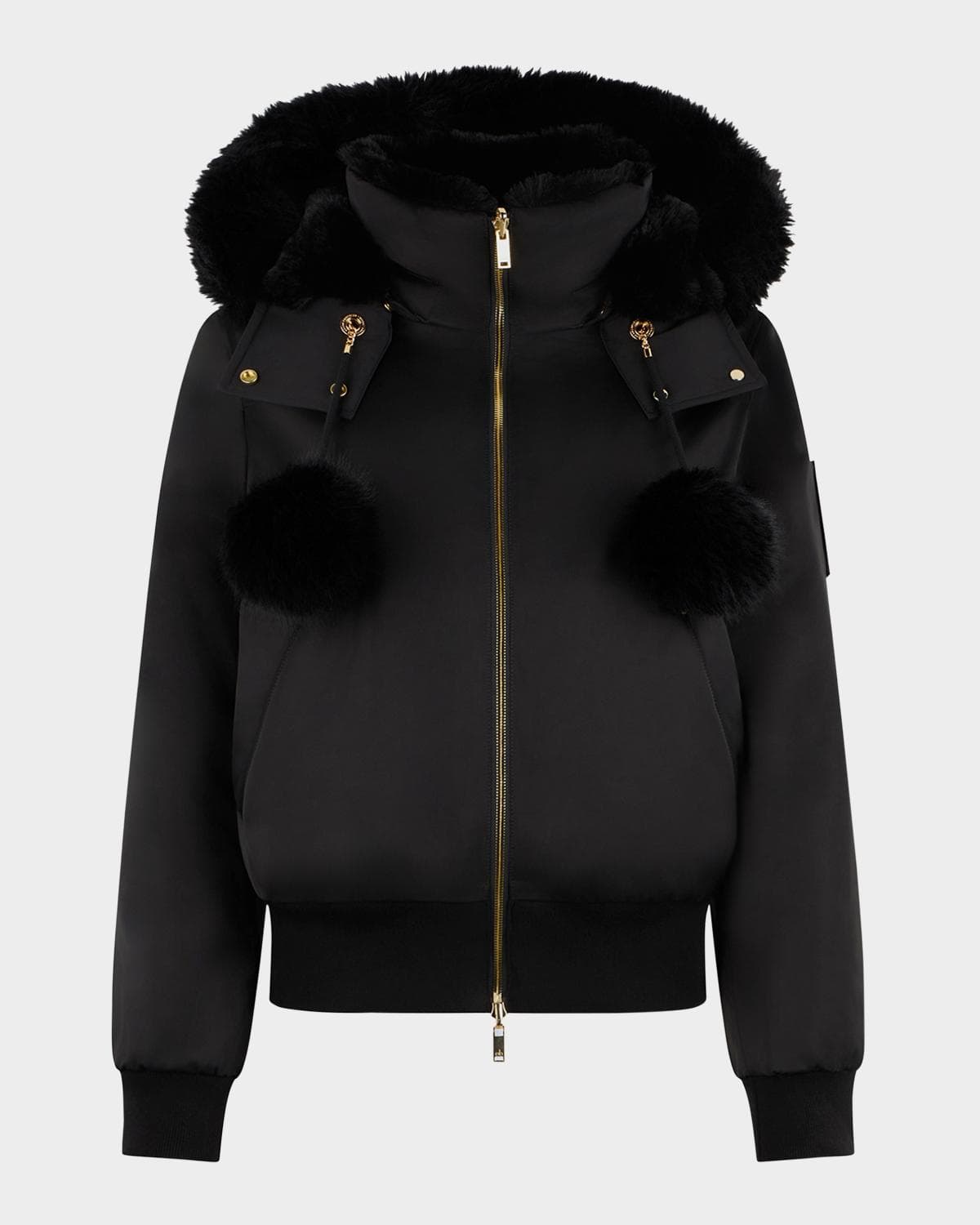 Moose Knuckles Debbie Satin Bomber Jacket with Removable Hood & Pom Poms