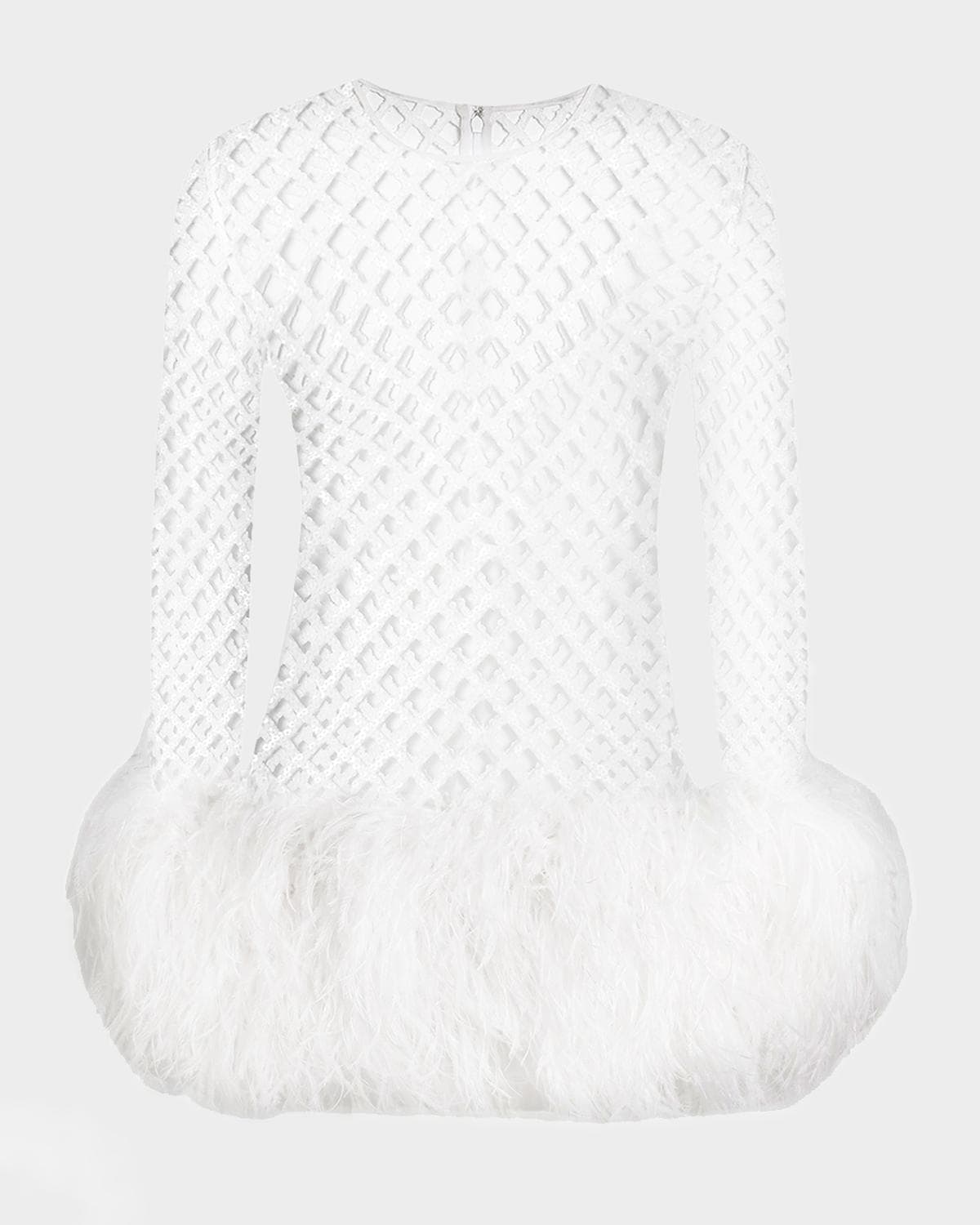 Dolce & Gabbana Feather-Trim Sequined Fishnet Long-Sleeve Mini Dress