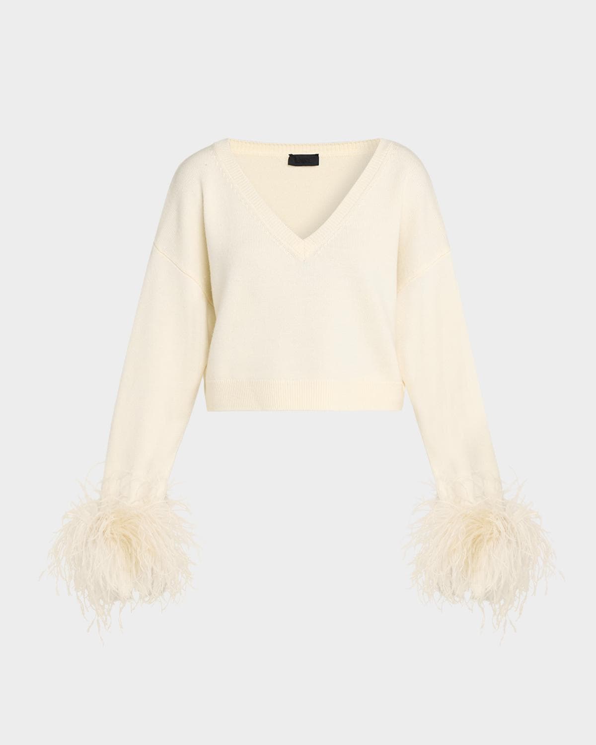 LAPOINTE Merino Wool V-Neck Crop Sweater With Feather Cuffs