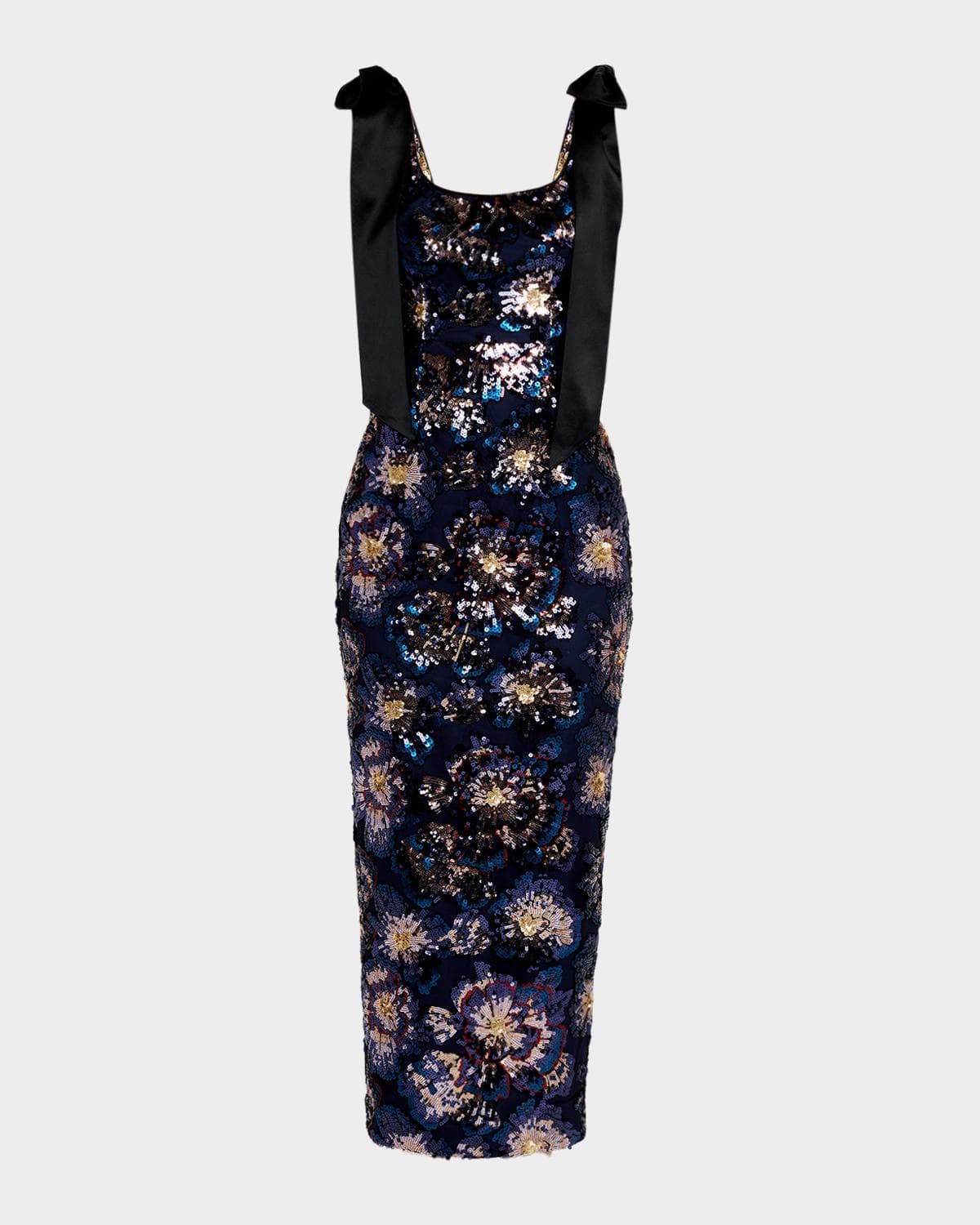Milly Kyle Satin Bow Sequin Column Midi Dress