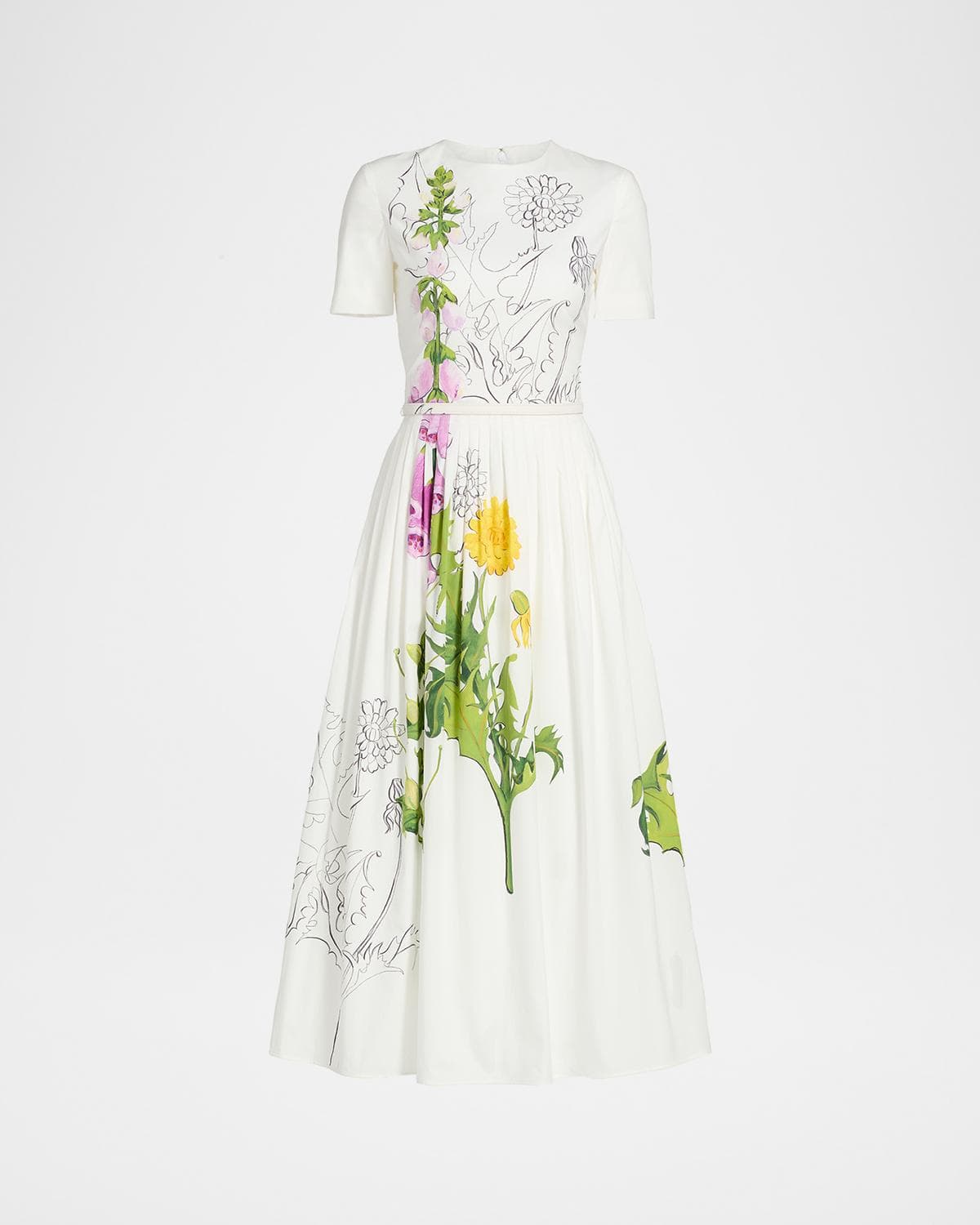 Oscar de la Renta Foxglove Dandelion Poplin Short-Sleeve Midi Dress With Belt