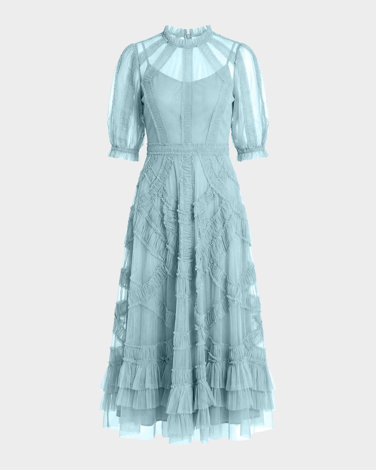 Mac Duggal High-Neck Ruffled A-Line Midi Dress