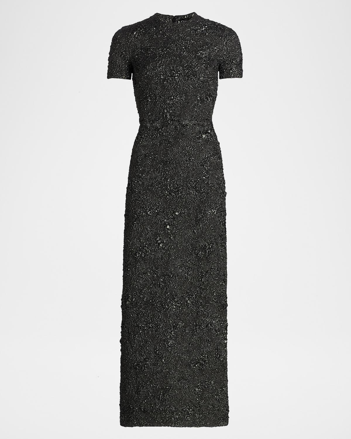 Oscar de la Renta Short-Sleeve Metallic Feather Jacquard Maxi Dress
