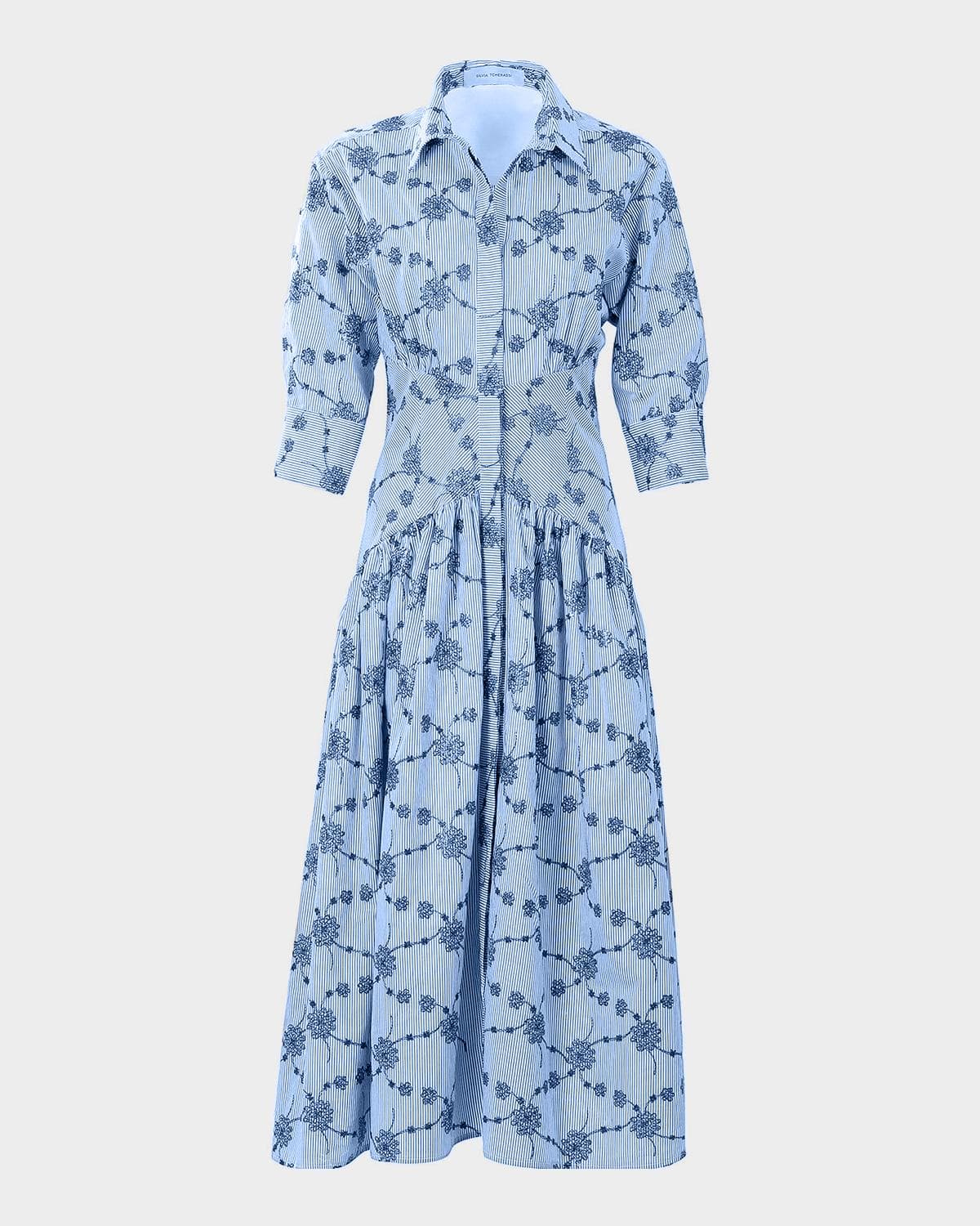 Silvia Tcherassi Indy Floral Striped Fit-&-Flare Midi Shirtdress