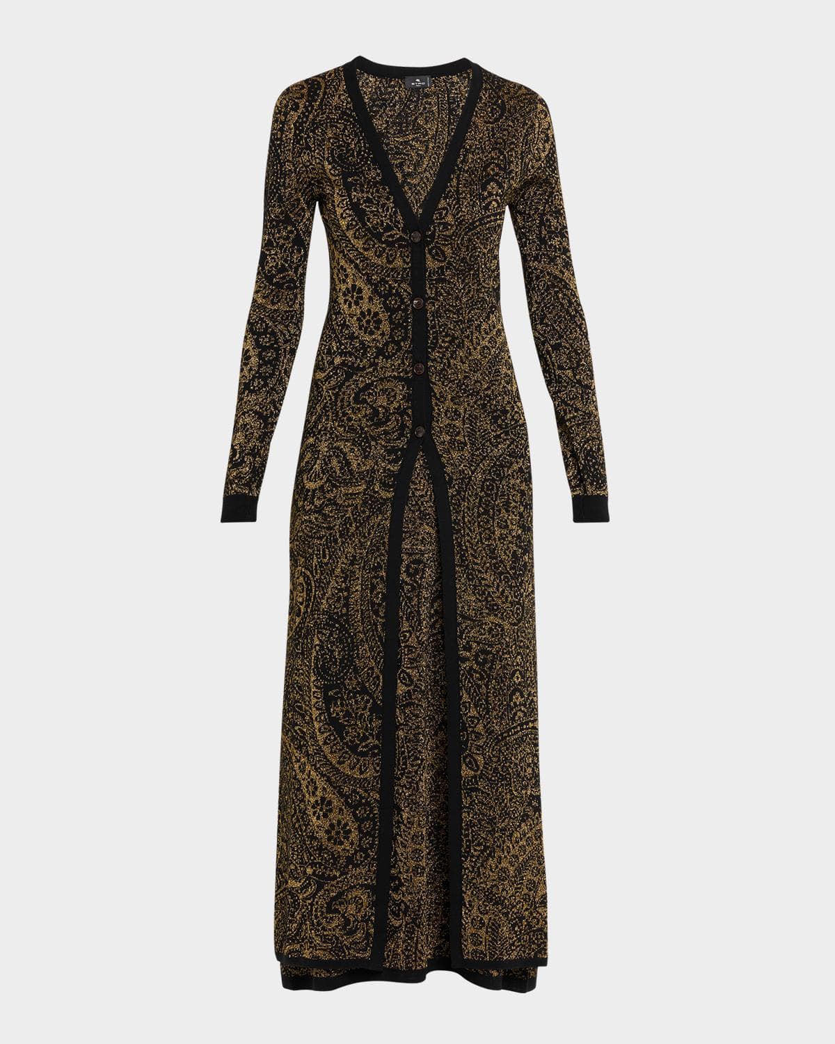 Etro Metallic Paisley Knit V-Neck Long Cardigan · 38