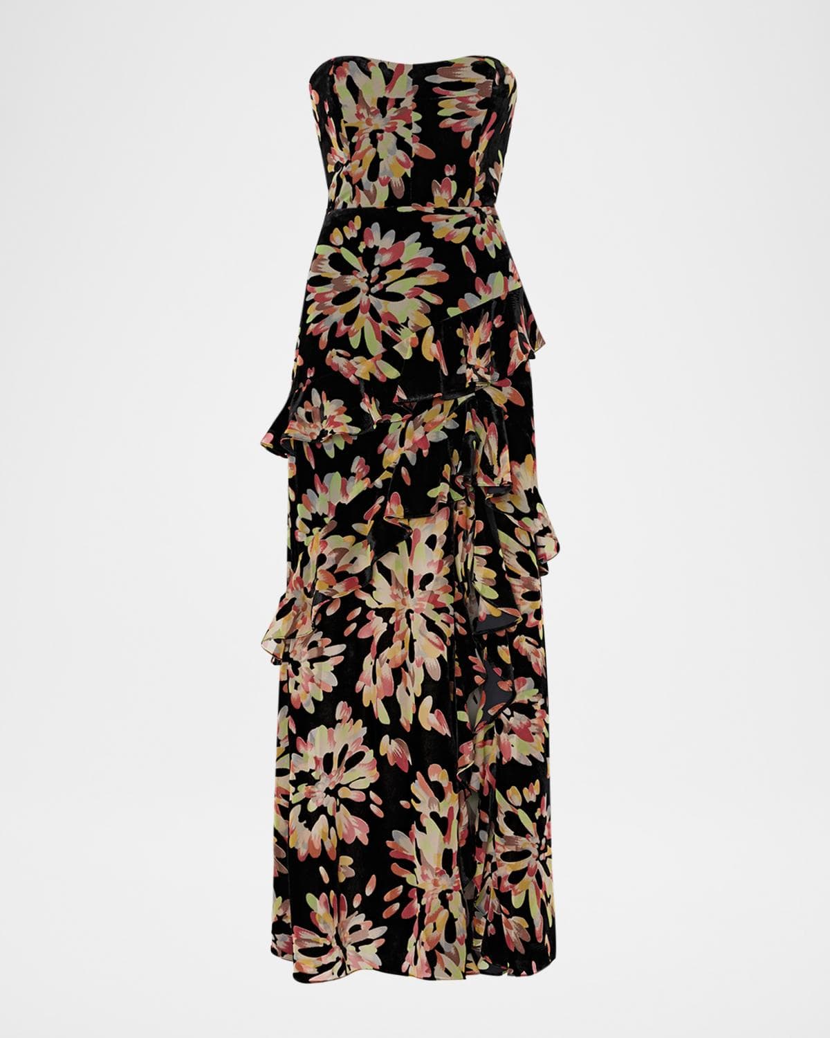 Milly Raelynn Burnout Velvet Ruffle Maxi Dress