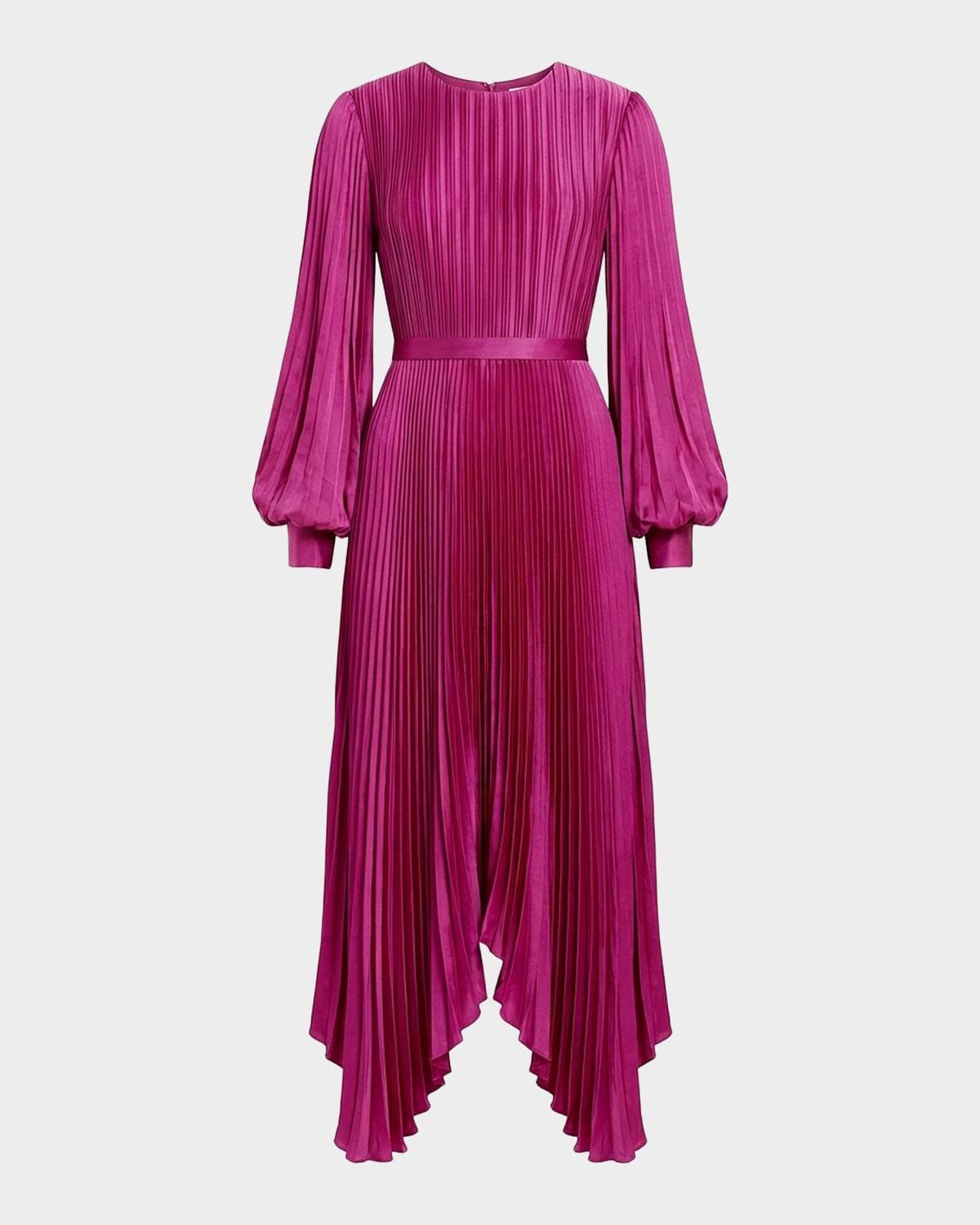 Mac Duggal Pleated Satin Handkerchief Midi Dress
