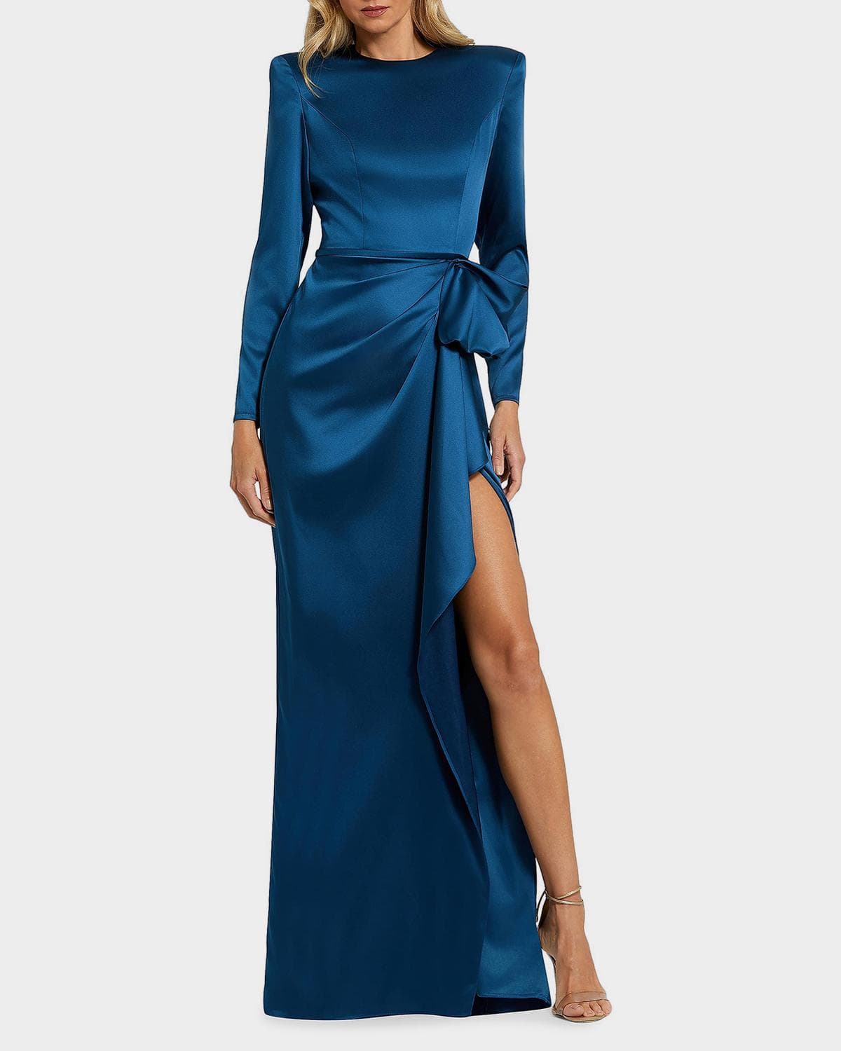 Mac Duggal Draped Side-Slit Satin Column Gown