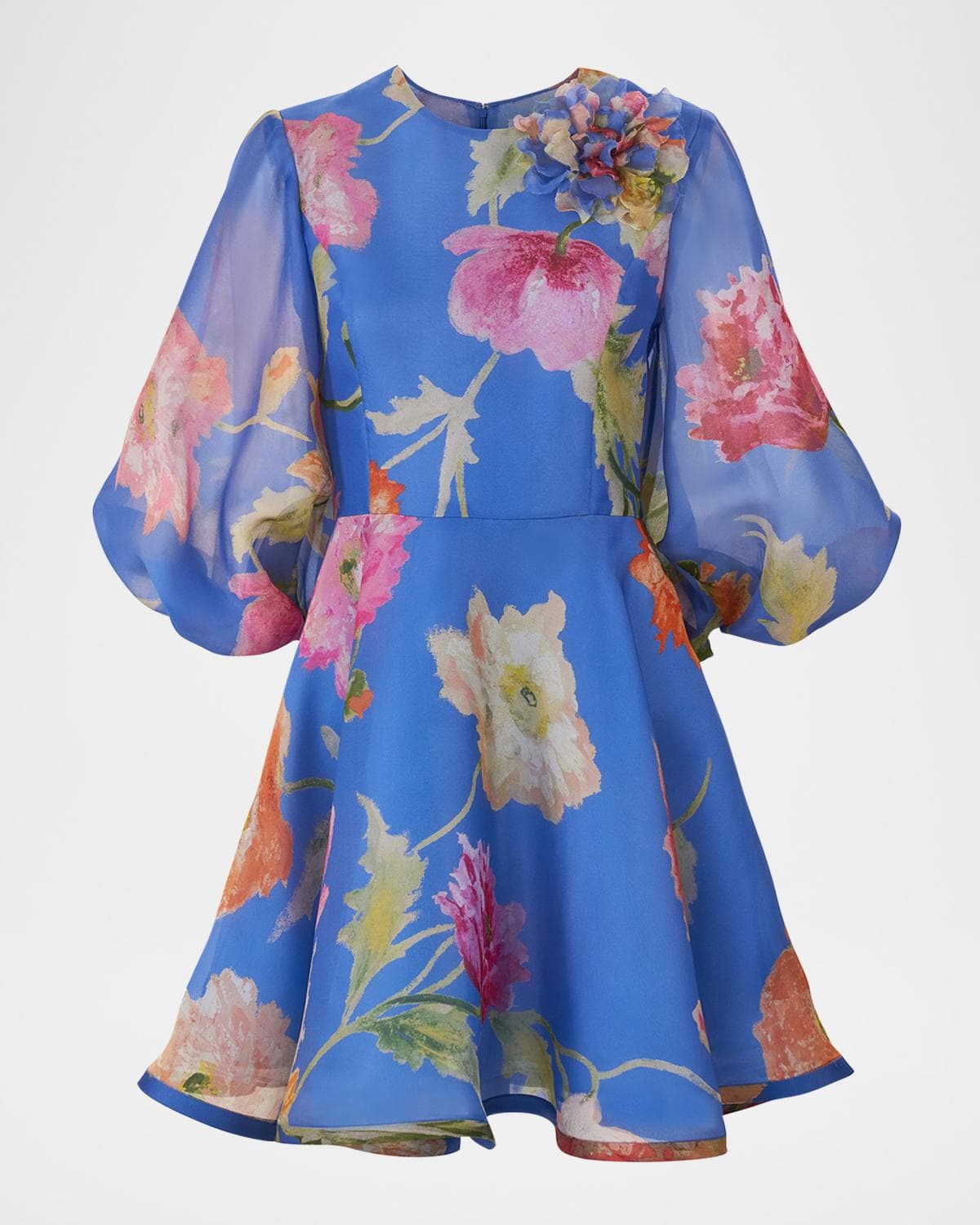 Carolina Herrera Floral Silk Puff-Sleeve Corsage Mini Dress