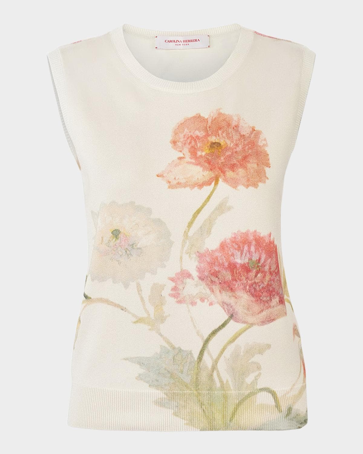 Carolina Herrera Floral Print Sleeveless Silk-Cotton Sweater