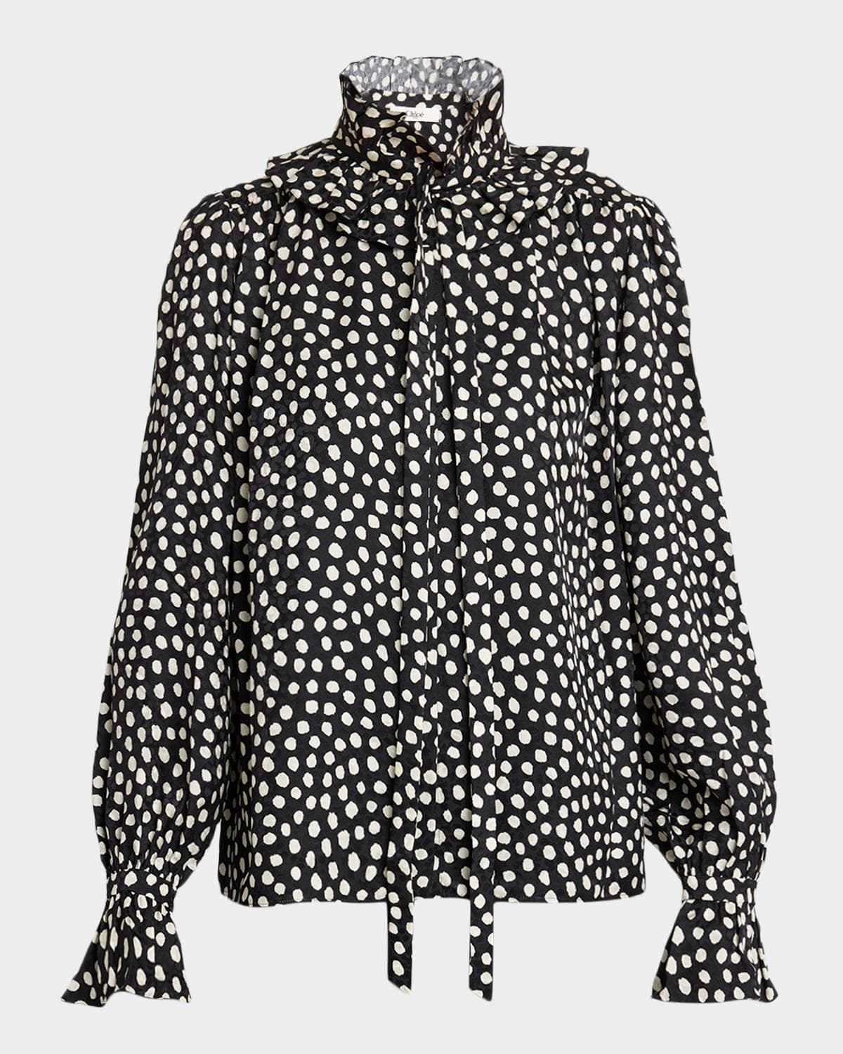 Chloe Dots-Print Silk Jacquard Ruffle Blouse