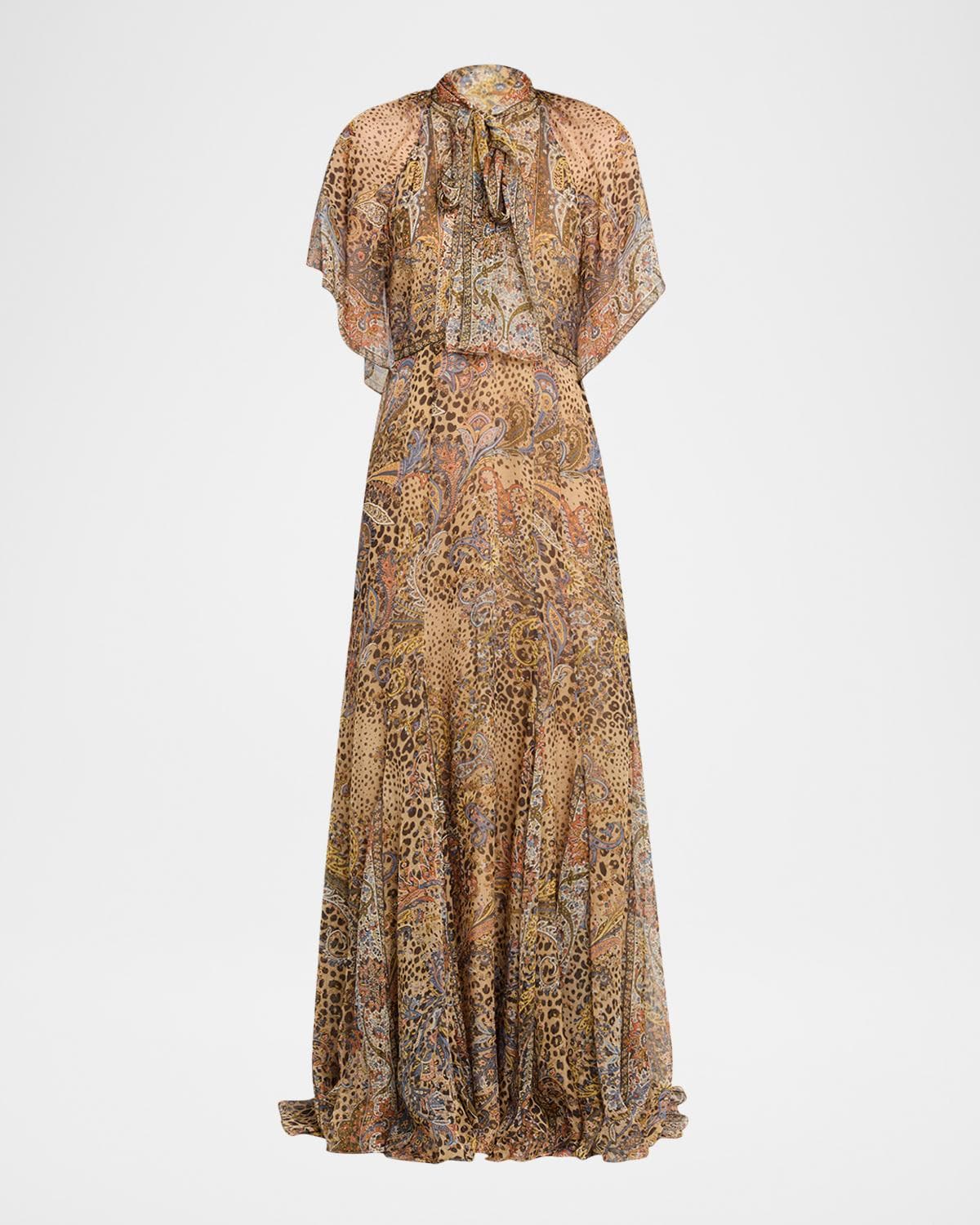Etro Paisley Animal-Print Silk Chiffon Neck-Scarf Maxi Dress