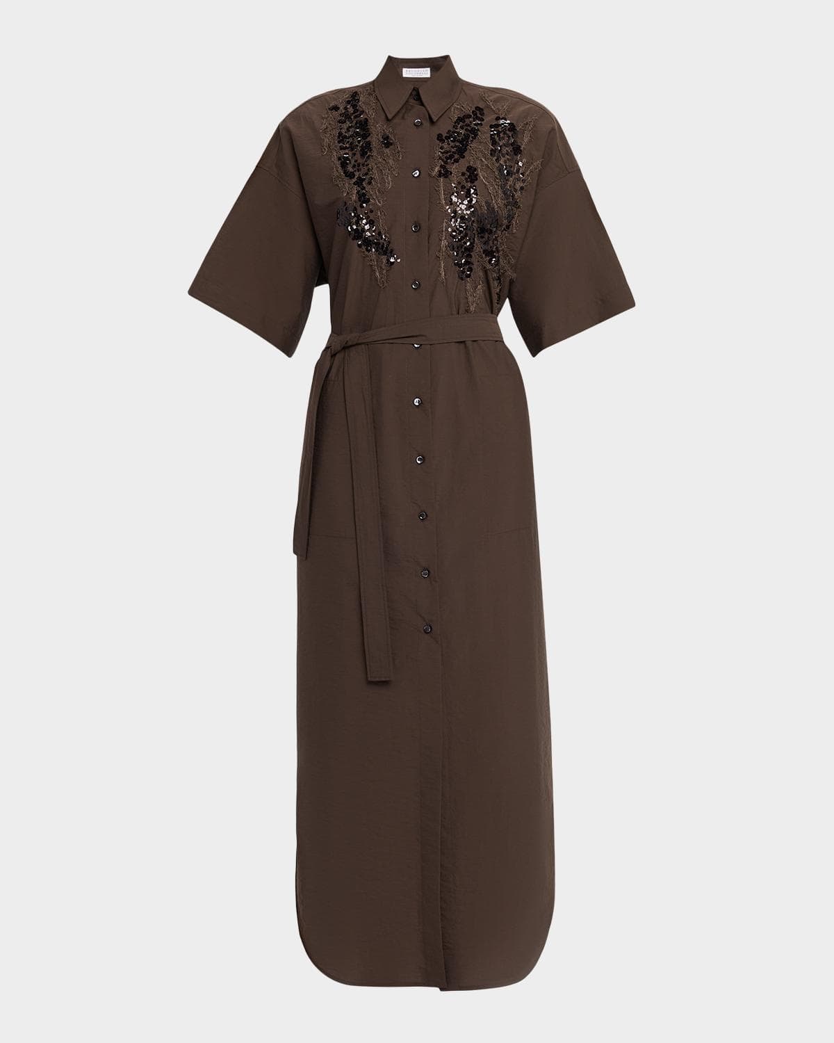 Brunello Cucinelli Sequin Embroidered Cotton Poplin Midi Shirtdress