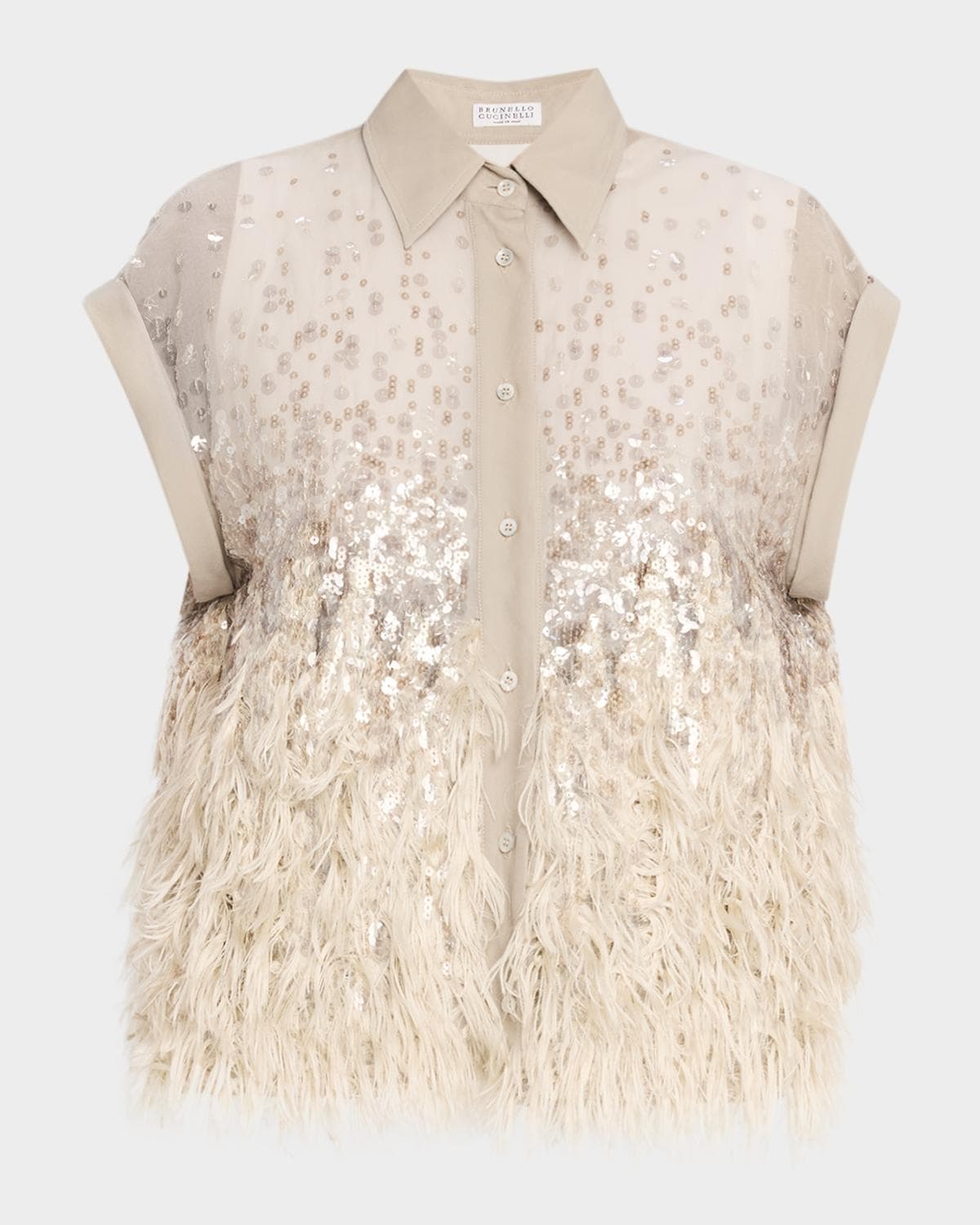 Brunello Cucinelli Sequin & Feather Silk Chiffon Blouse