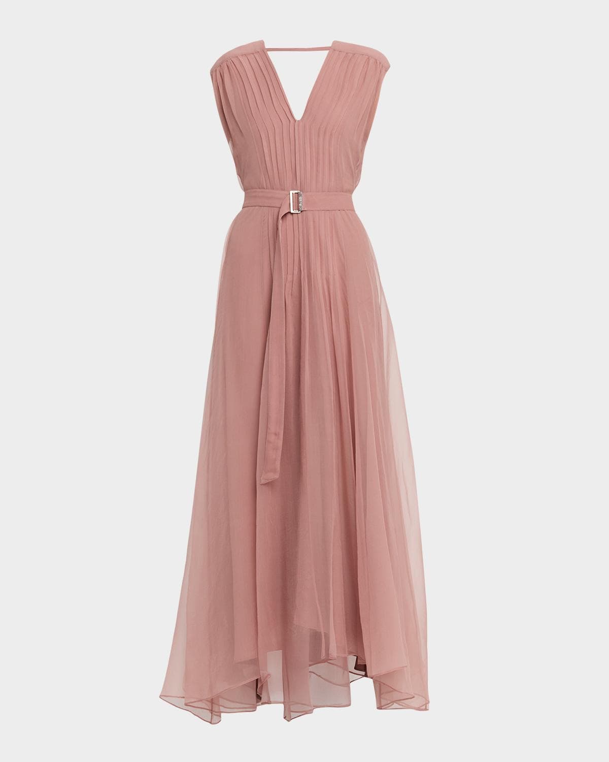 Brunello Cucinelli Belted Pintuck Silk Chiffon Gown