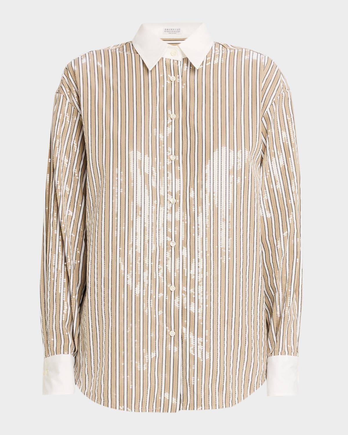 Brunello Cucinelli Sequined Striped Cotton Button-Down Shirt