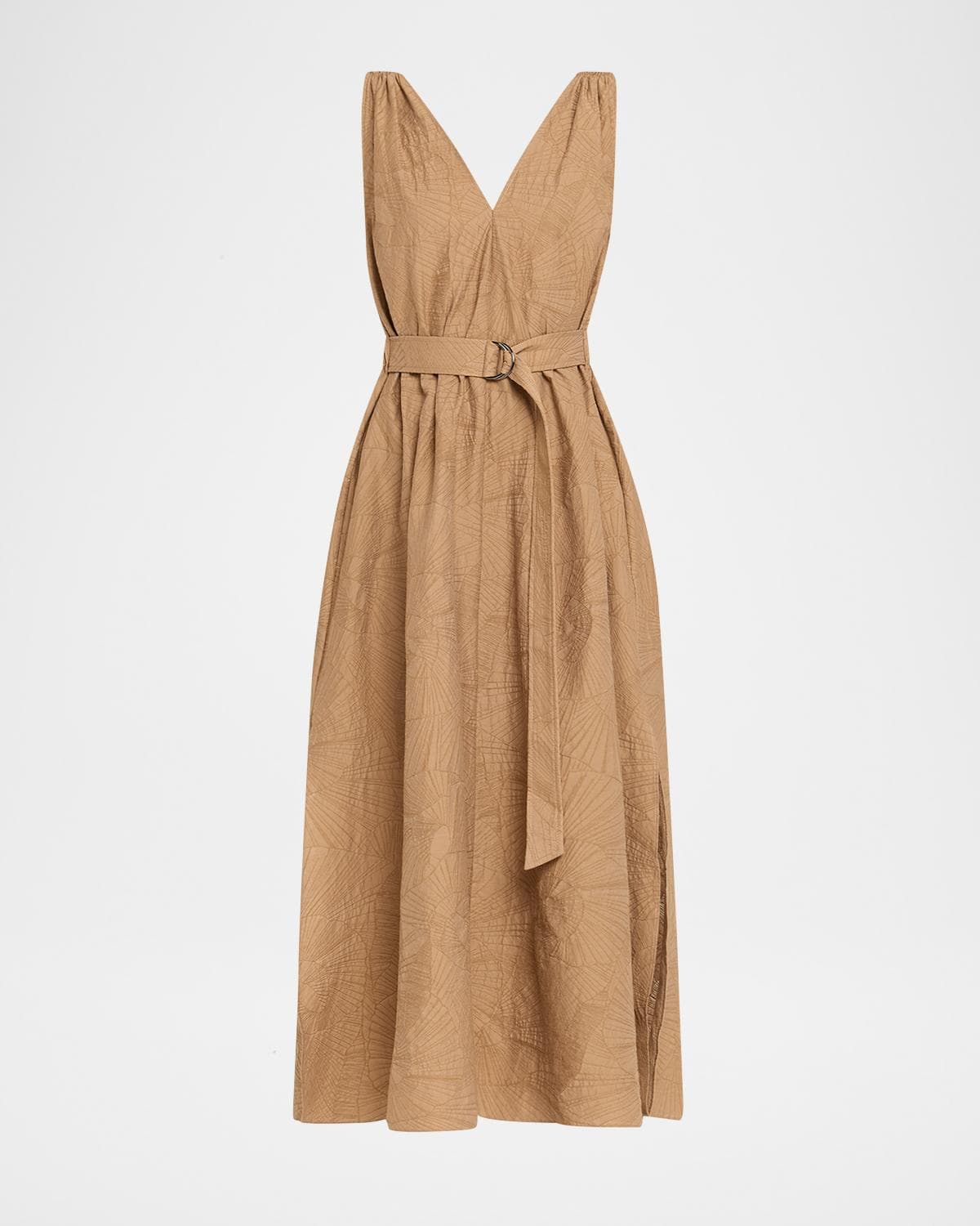 Brunello Cucinelli Sleeveless Cotton Poplin Jacquard Belted Midi Dress · MED
