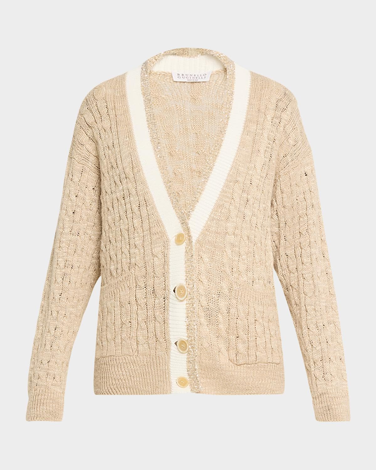 Brunello Cucinelli Paillette V-Neck Cable-Knit Cardigan