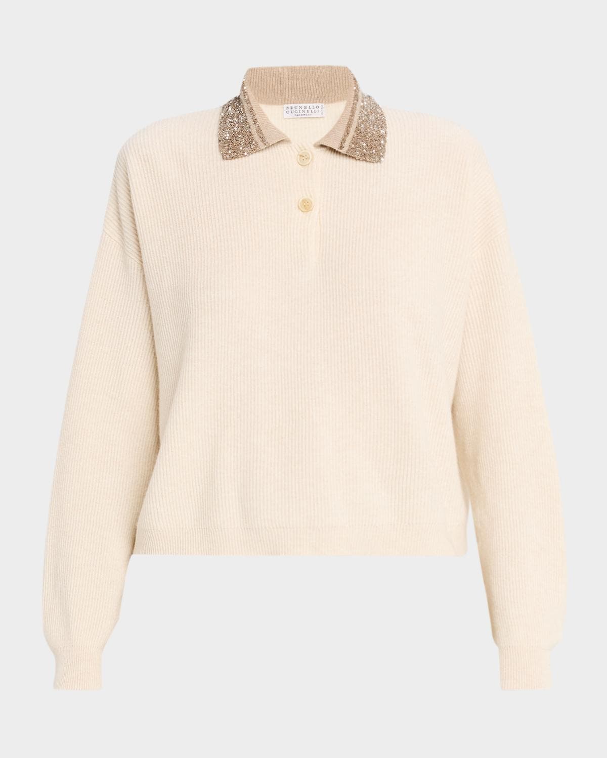 Brunello Cucinelli Dazzling-Collar Cashmere Rib Polo Sweater · XXLG