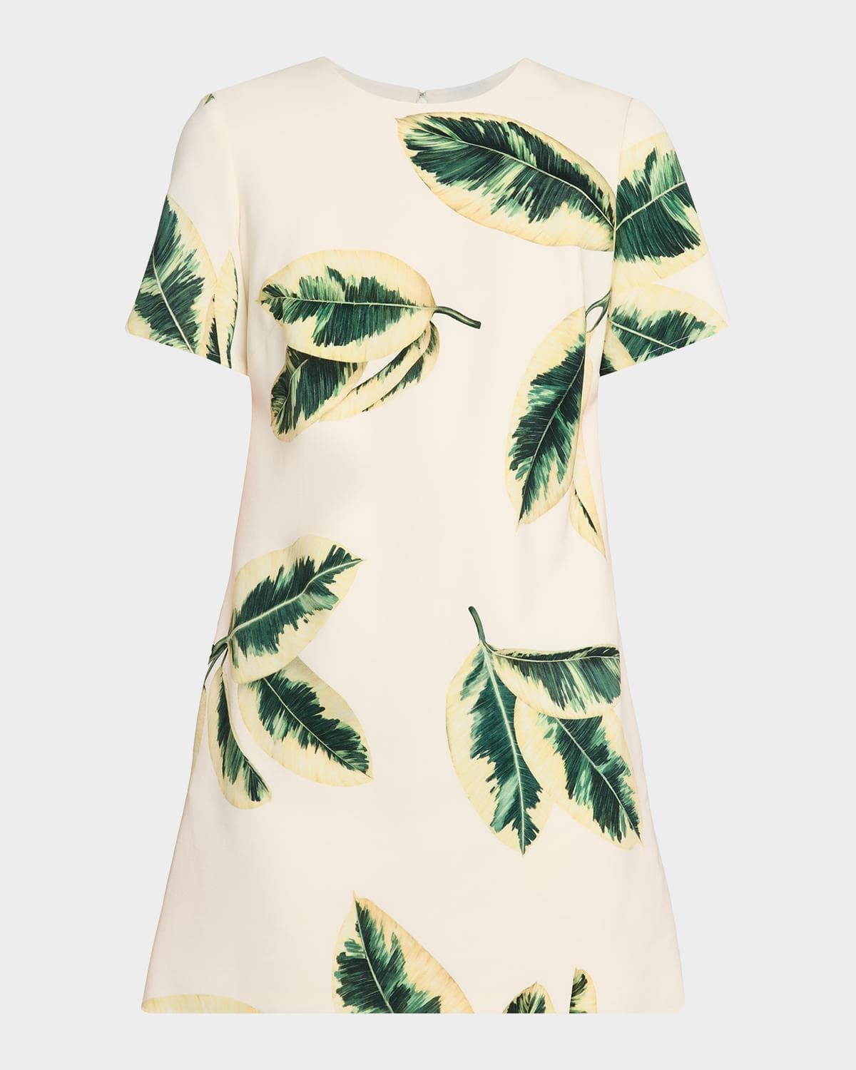Oscar de la Renta Short-Sleeve Ficus Leaves-Print Mini Shift Dress