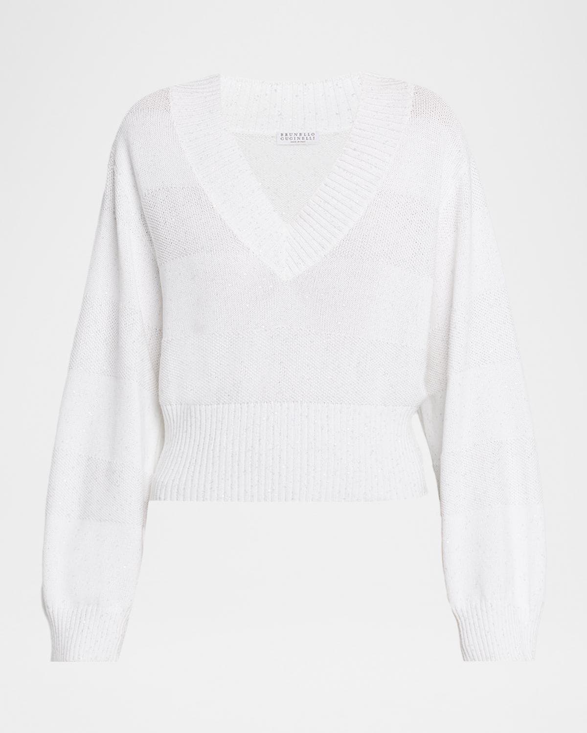 Brunello Cucinelli Paillette Striped Linen-Cotton Knit V-Neck Sweater · MED