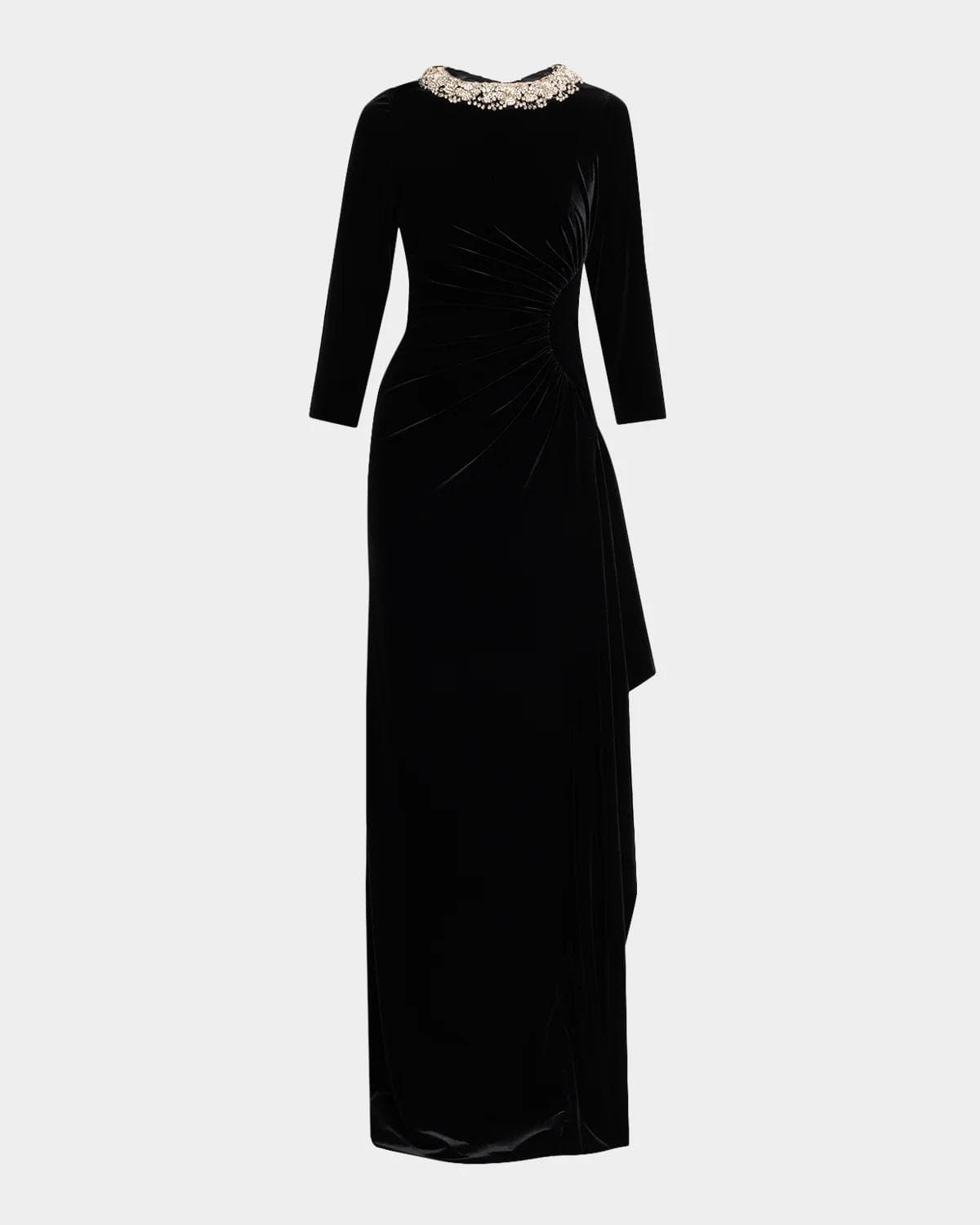 Rickie Freeman for Teri Jon Draped Rhinestone-Collar Velvet Column Gown