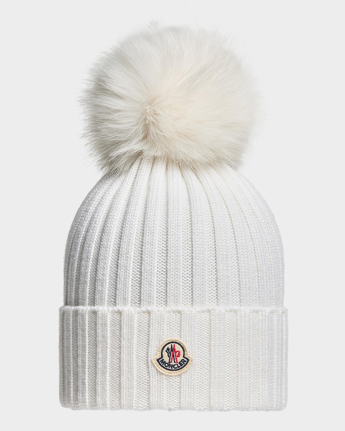 Moncler Ribbed Beanie with Faux Fur Pom