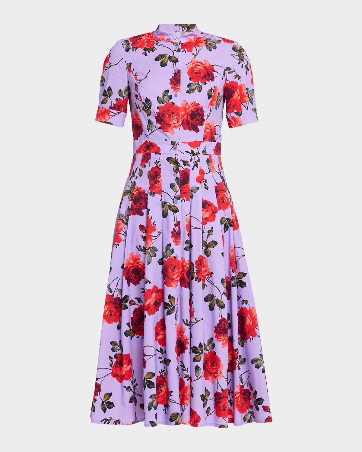 Carolina Herrera Carnation-Print Short-Sleeve Pleated Midi Shirtdress