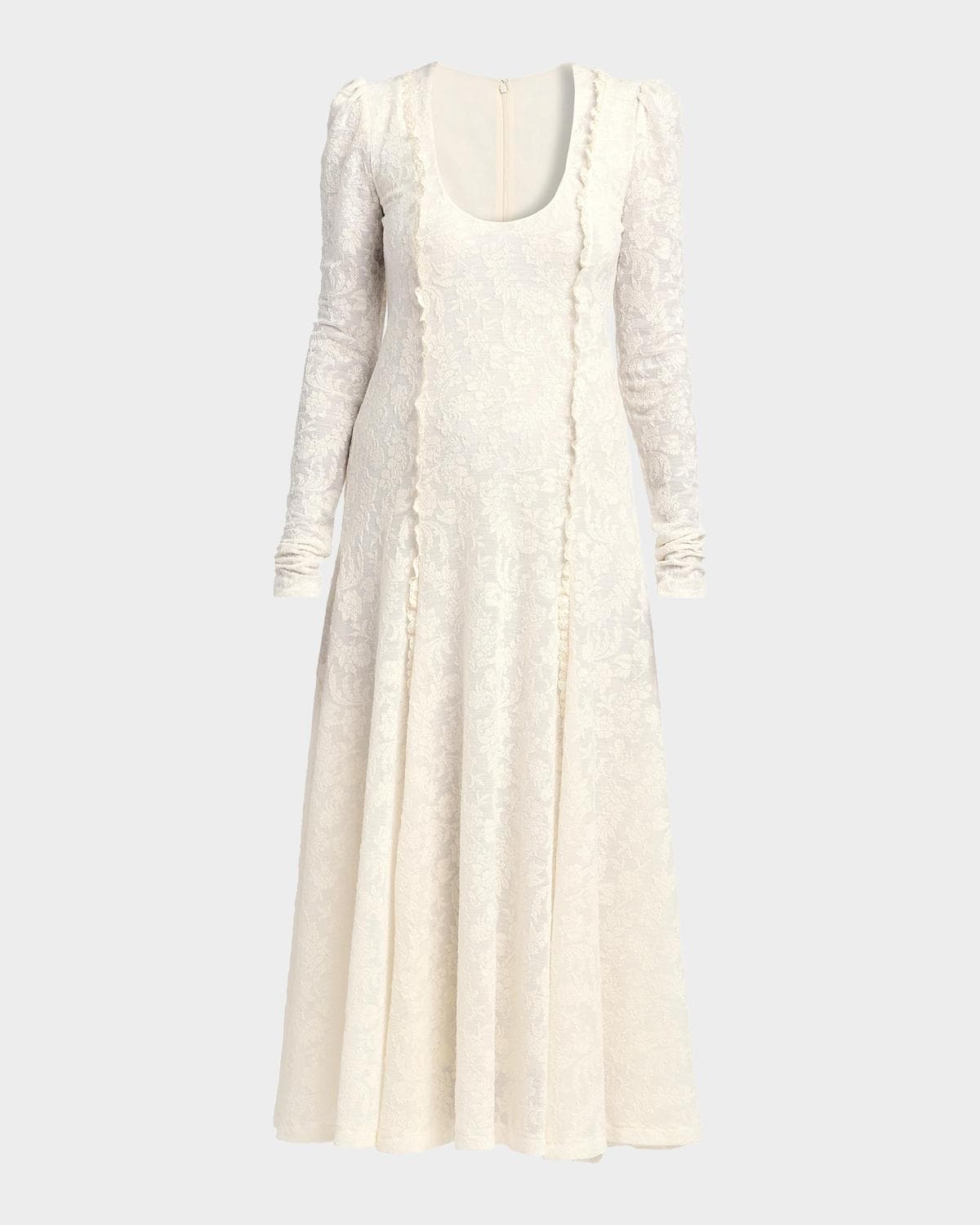 Alberta Ferretti Ruffle Long-Sleeve Wool Lace Maxi Dress