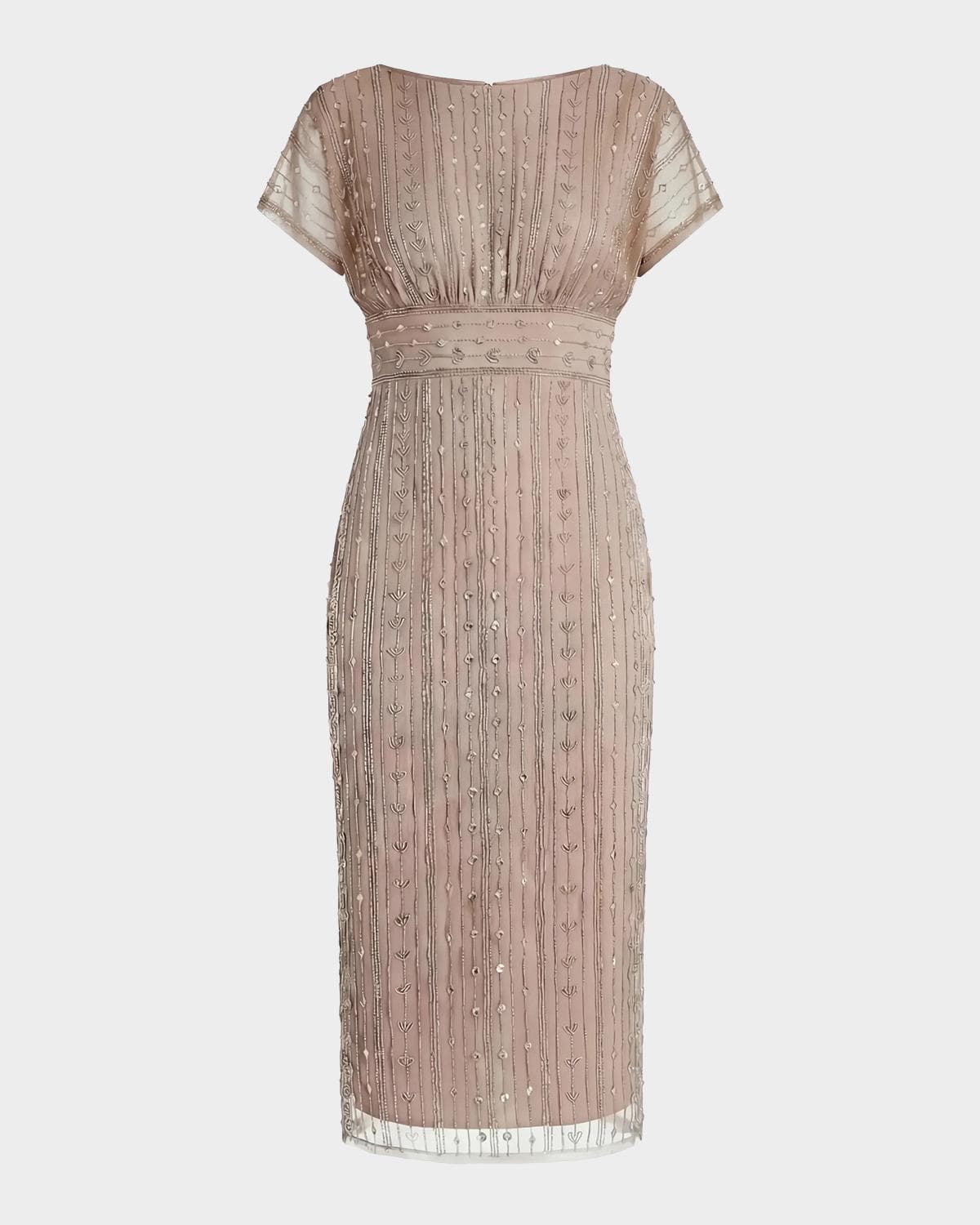 Mac Duggal Beaded Mesh Sheath Midi Dress