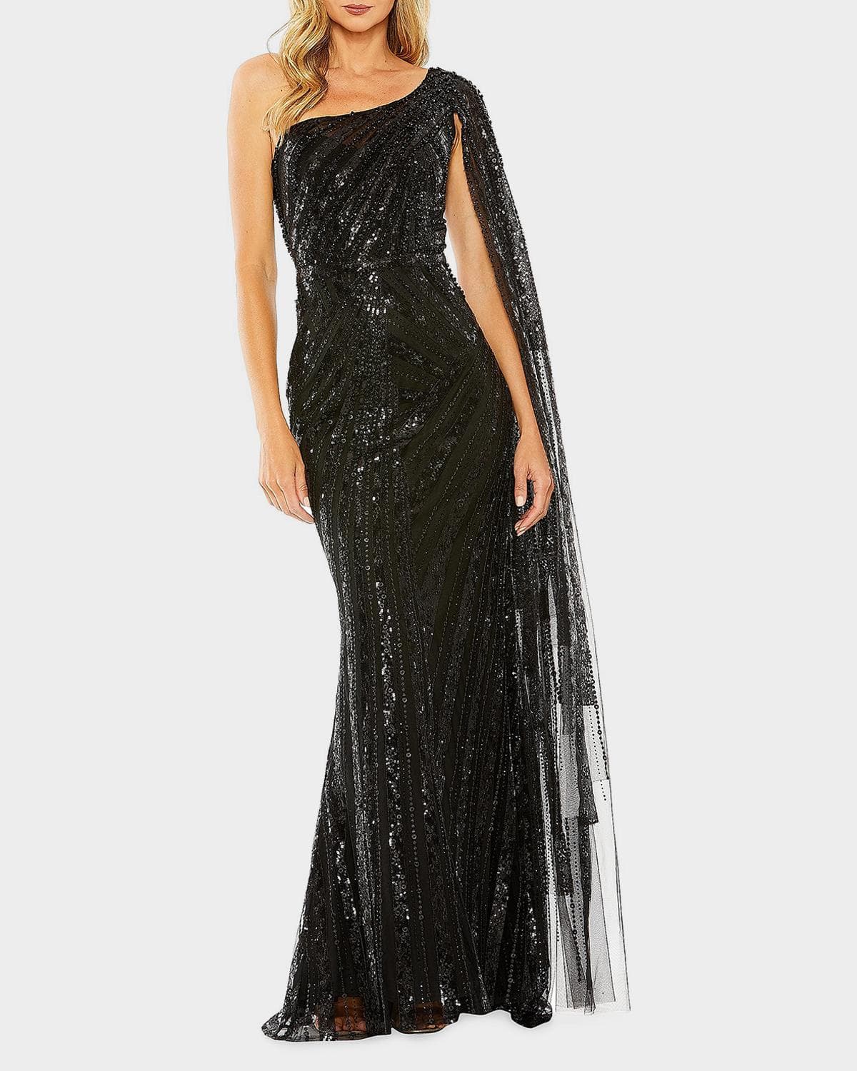 Mac Duggal Cape-Sleeve Sequin Column Gown