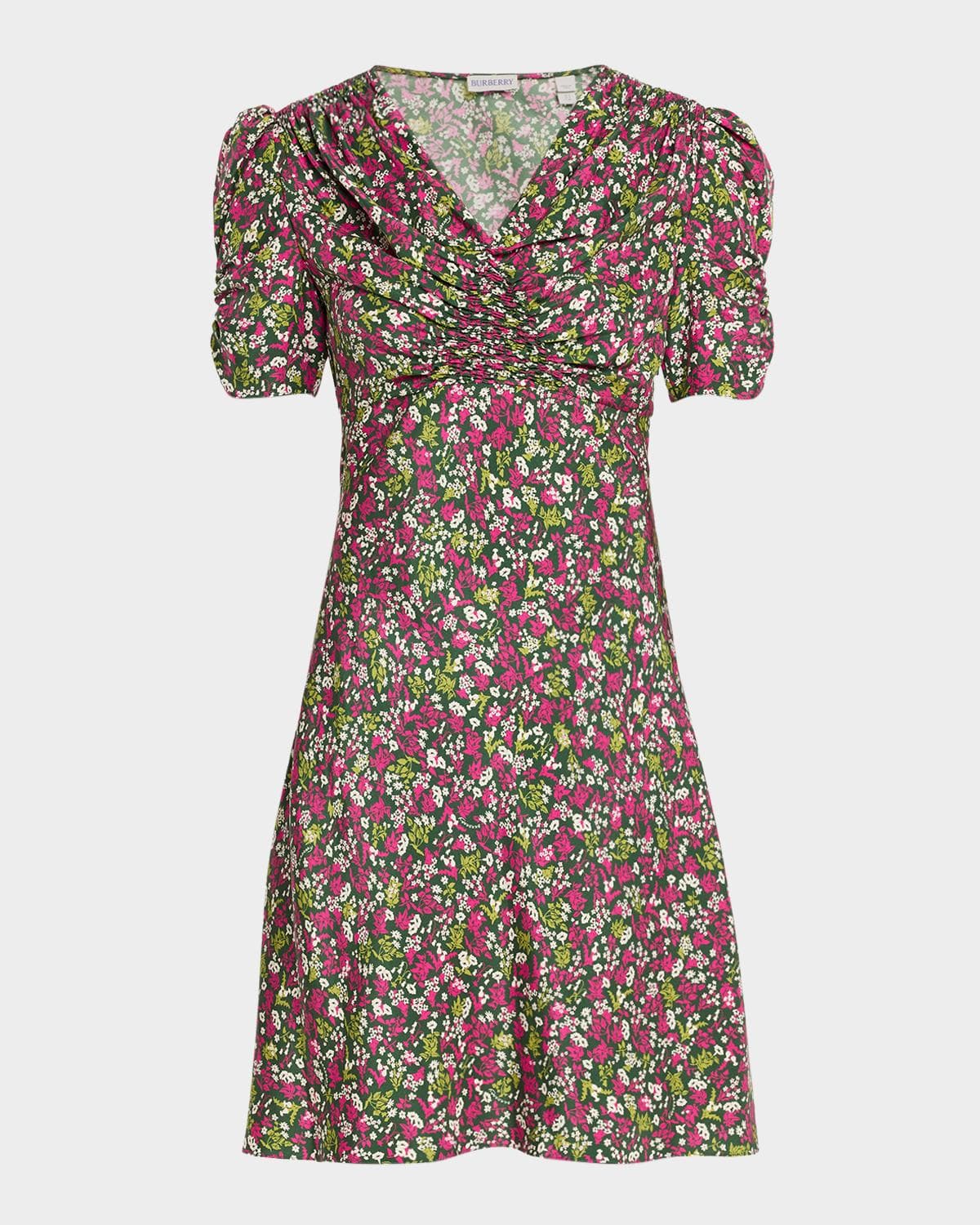 Burberry Jade Floral-Print Silk Ruched Short-Sleeve Mini Dress
