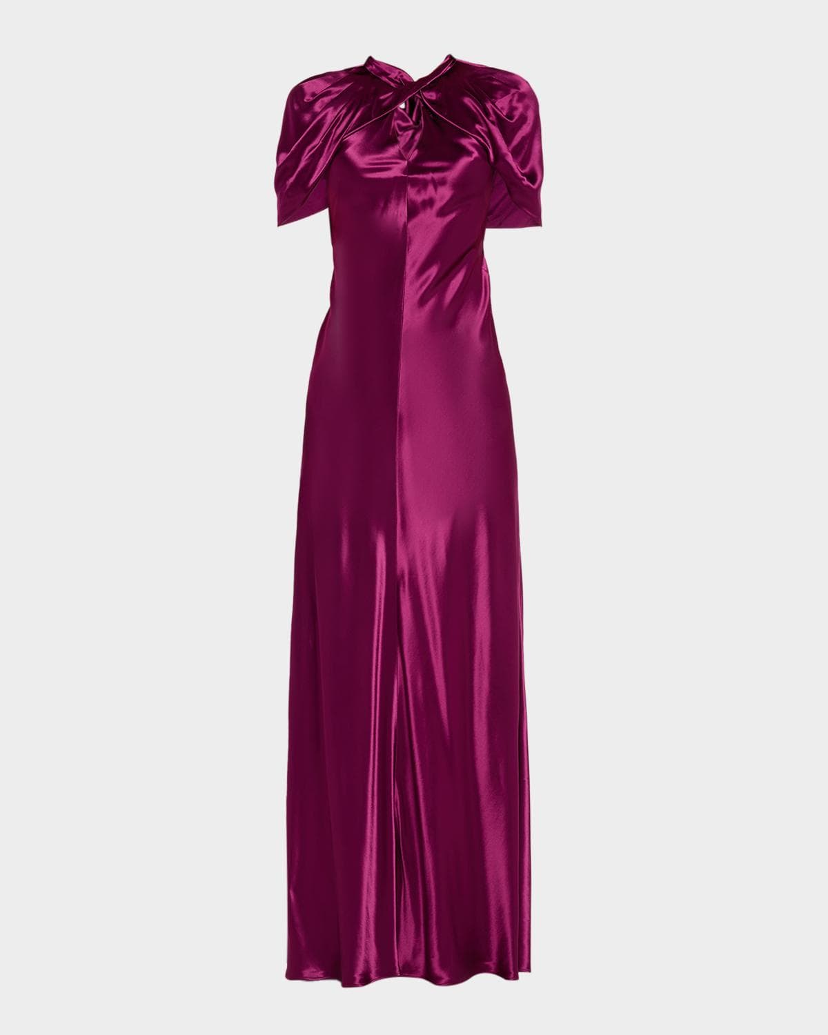 Alberta Ferretti Twisted Capelet Satin Maxi Evening Dress