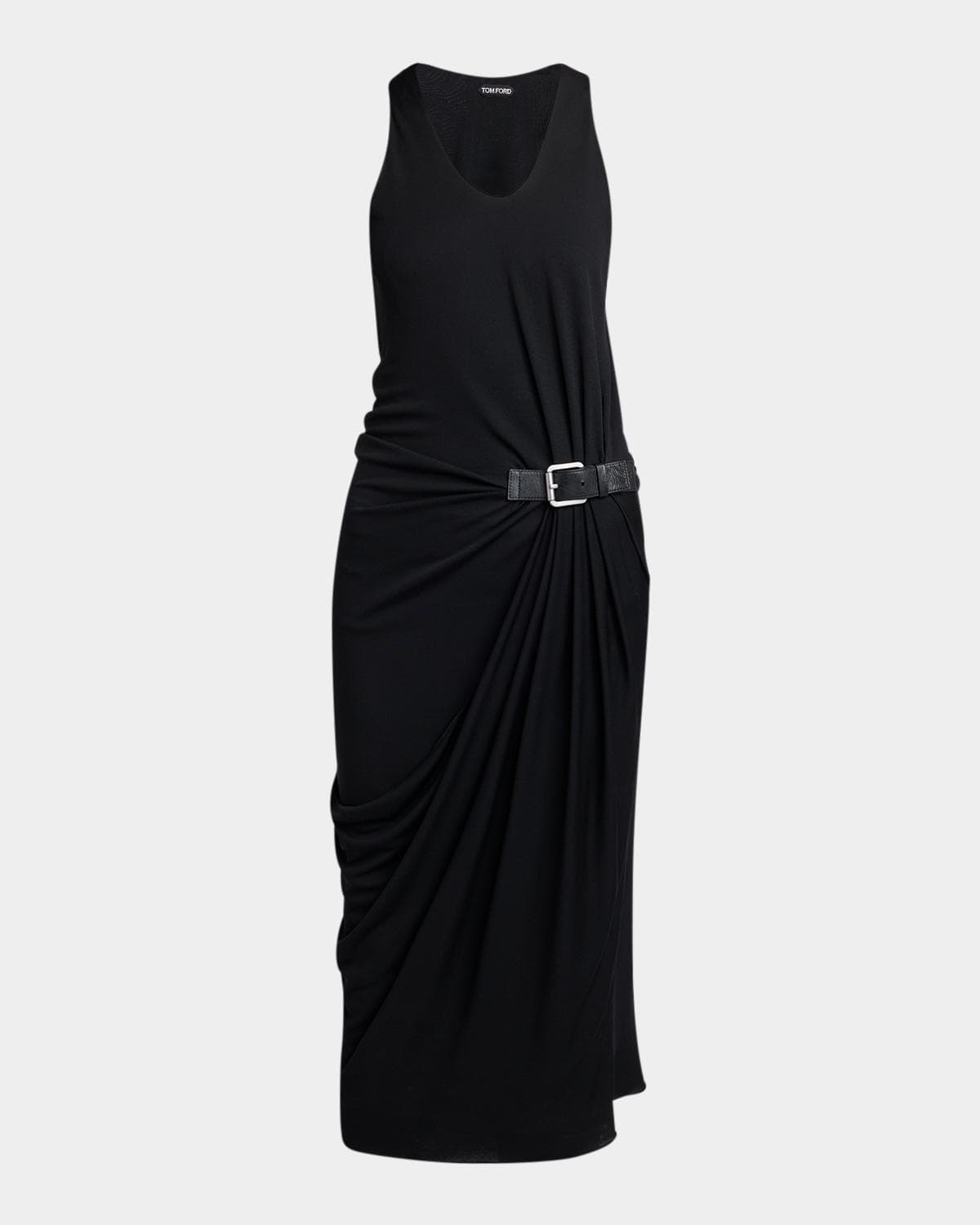 TOM FORD Buckle Gathered Crepe Jersey Sleeveless Midi Dress