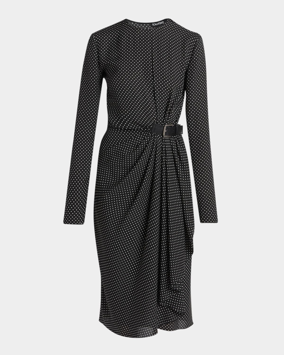 TOM FORD Polka Dot Silk Gathered Buckle Midi Dress