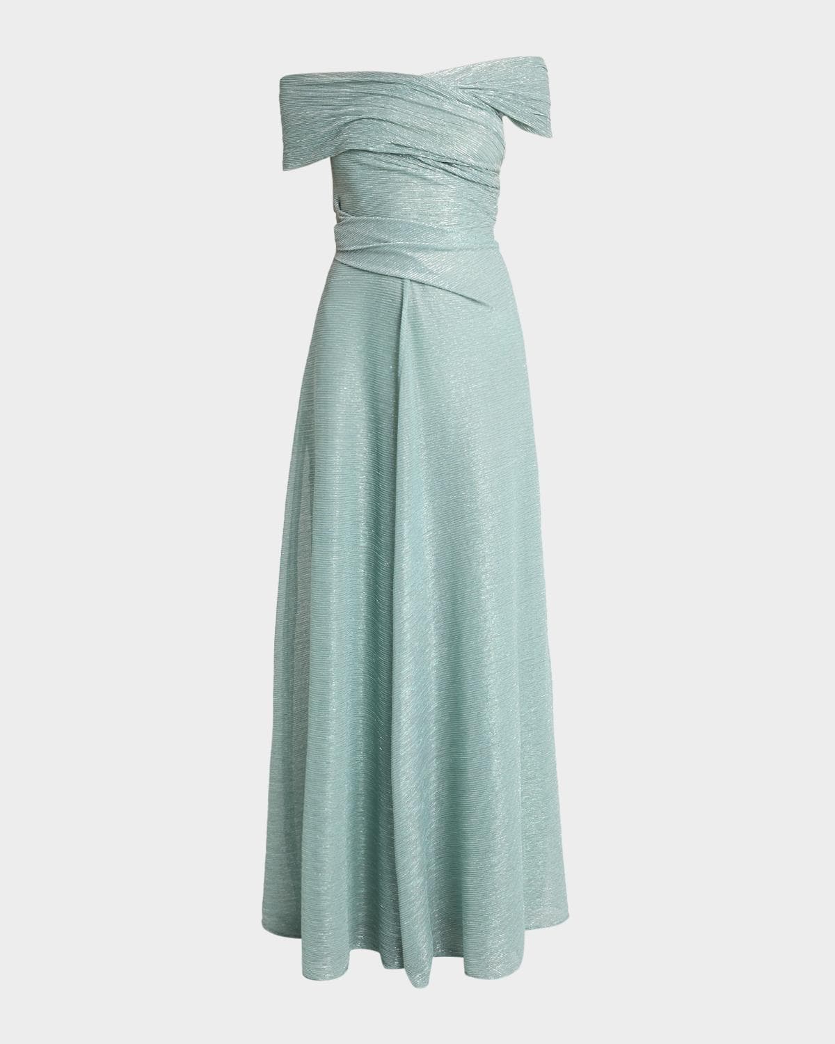 Talbot Runhof Draped Off-The-Shoulder Metallic Plisse Gown