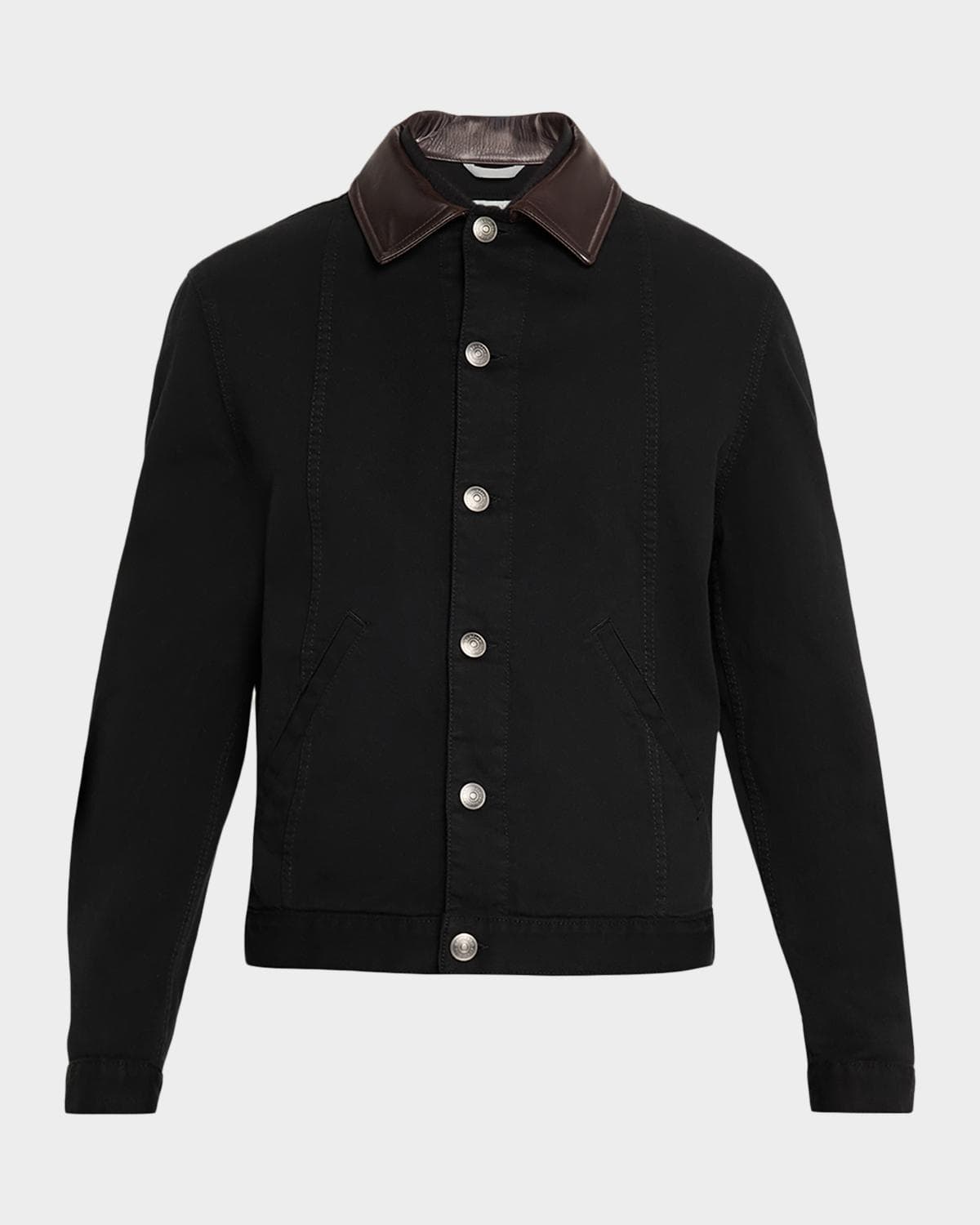 Brunello Cucinelli Men's Garment-Dyed Denim Leather-Collar Shirt Jacket