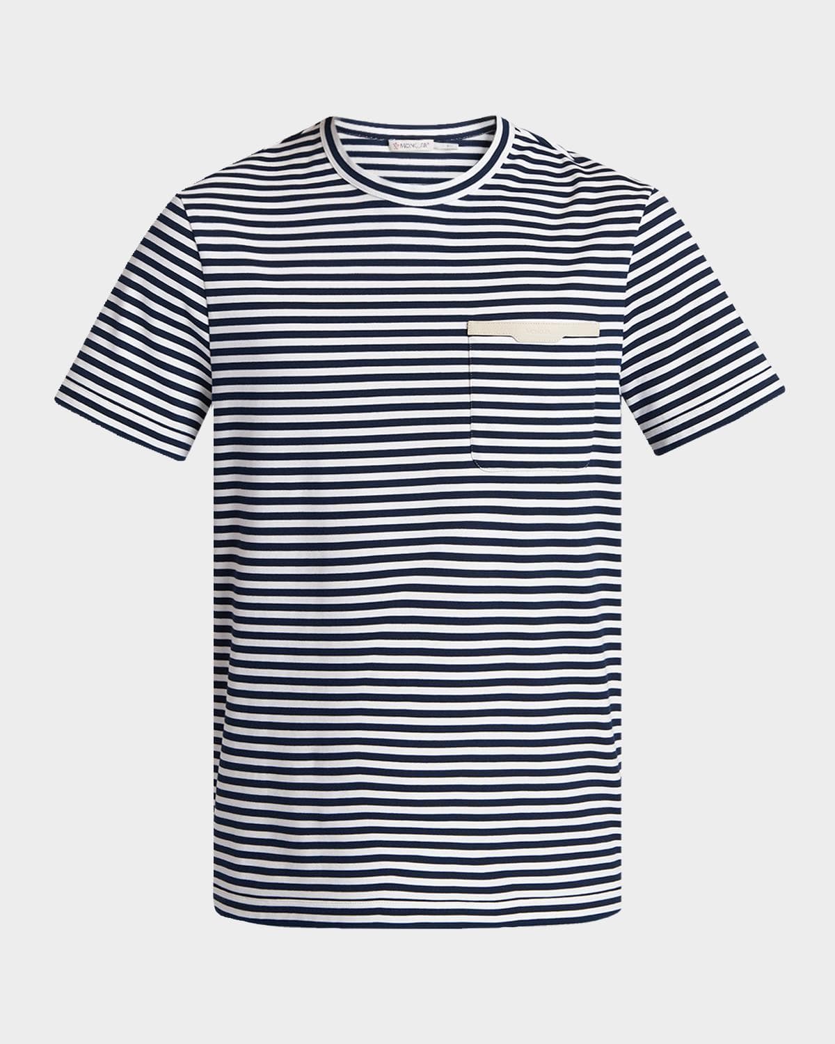 Moncler Men's Stripe Leather-Trim Pocket T-Shirt
