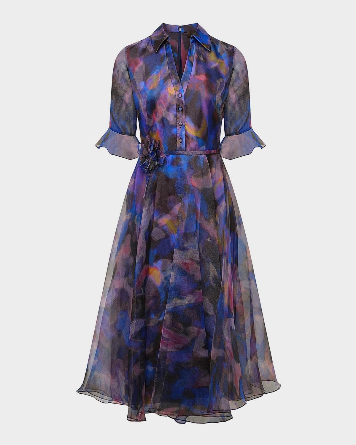 Theia Colette Abstract-Print Organza Midi Shirtdress