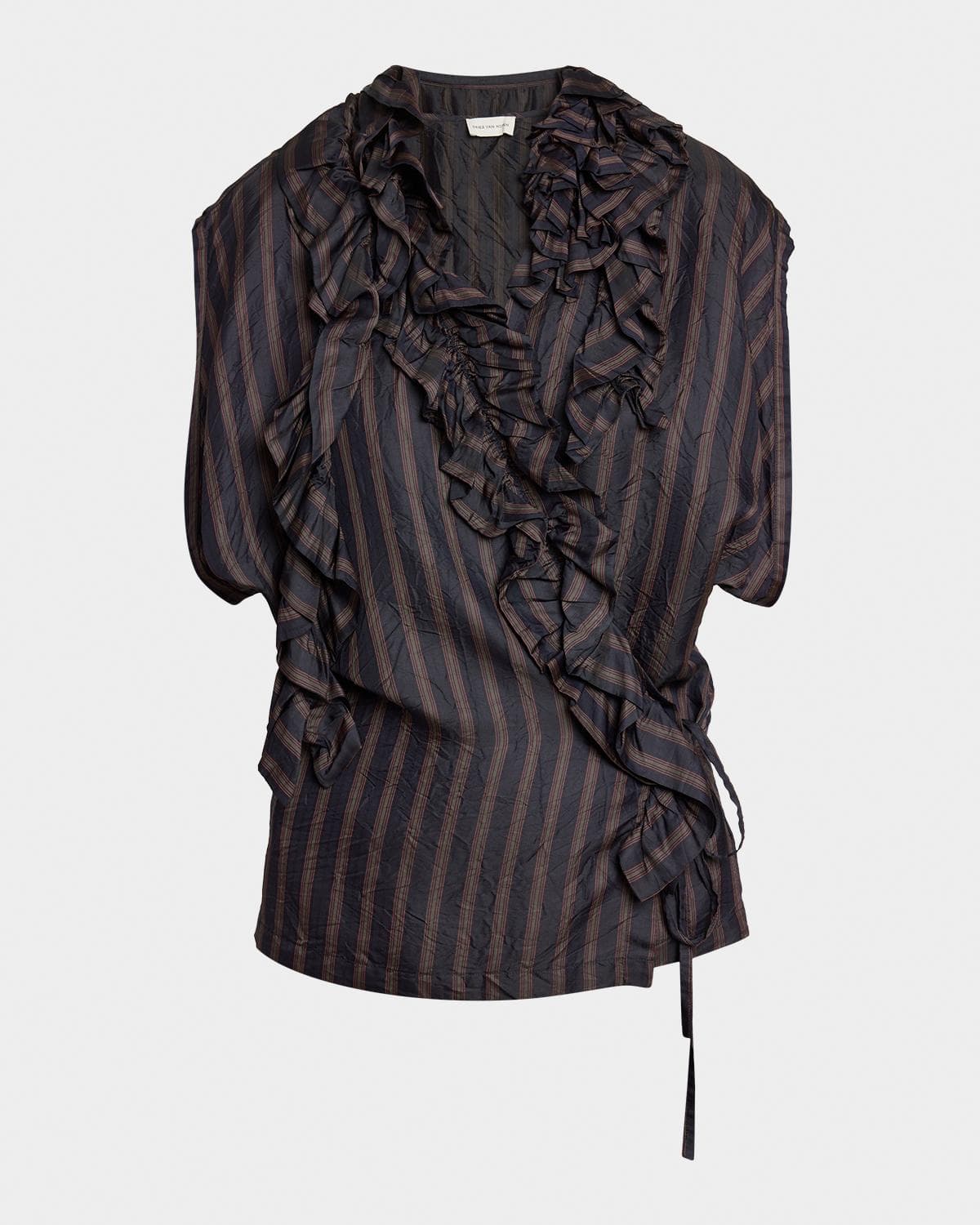 Dries Van Noten Clematis Striped Ruffle Cap-Sleeve Wrap Top