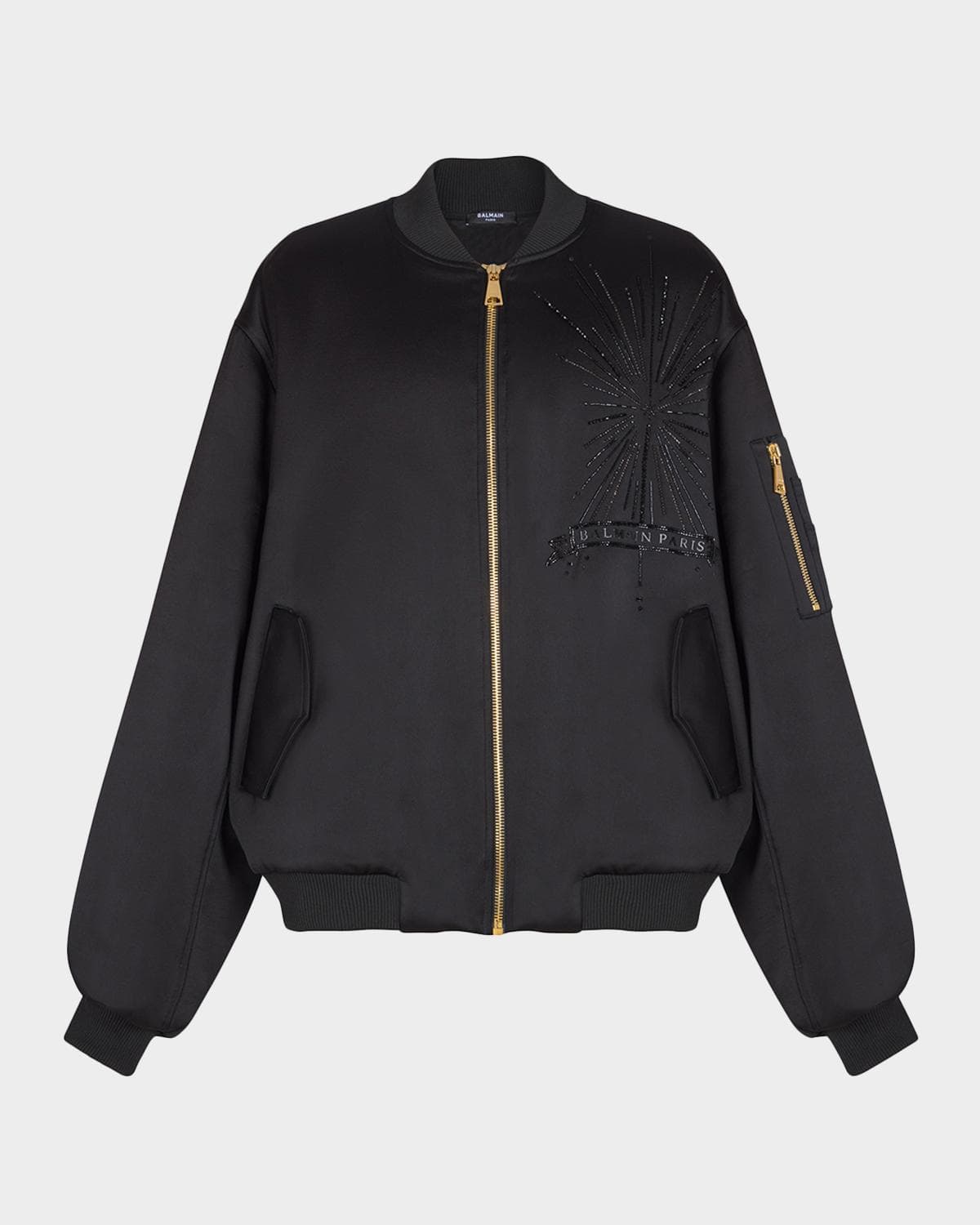 Balmain Men's Crystal-Embroidered Oversized Bomber Jacket · 40