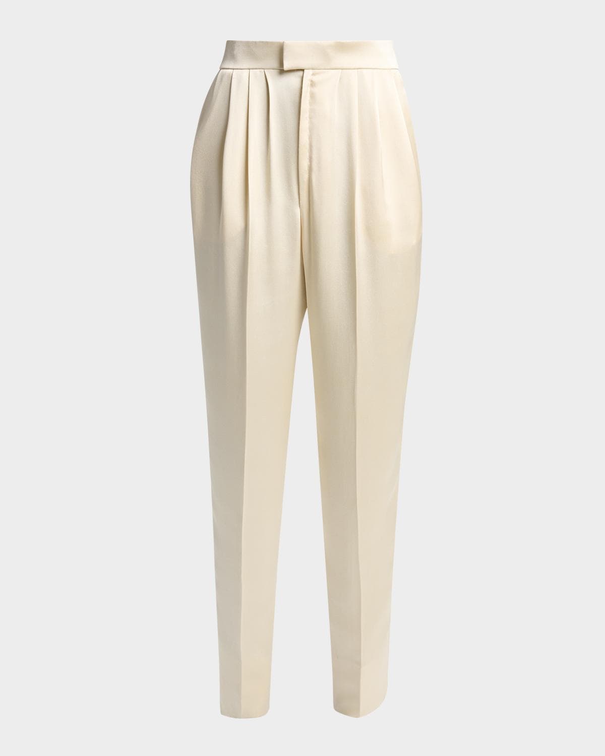 Saint Laurent Pleated Silk Slim-Leg Ankle Pants