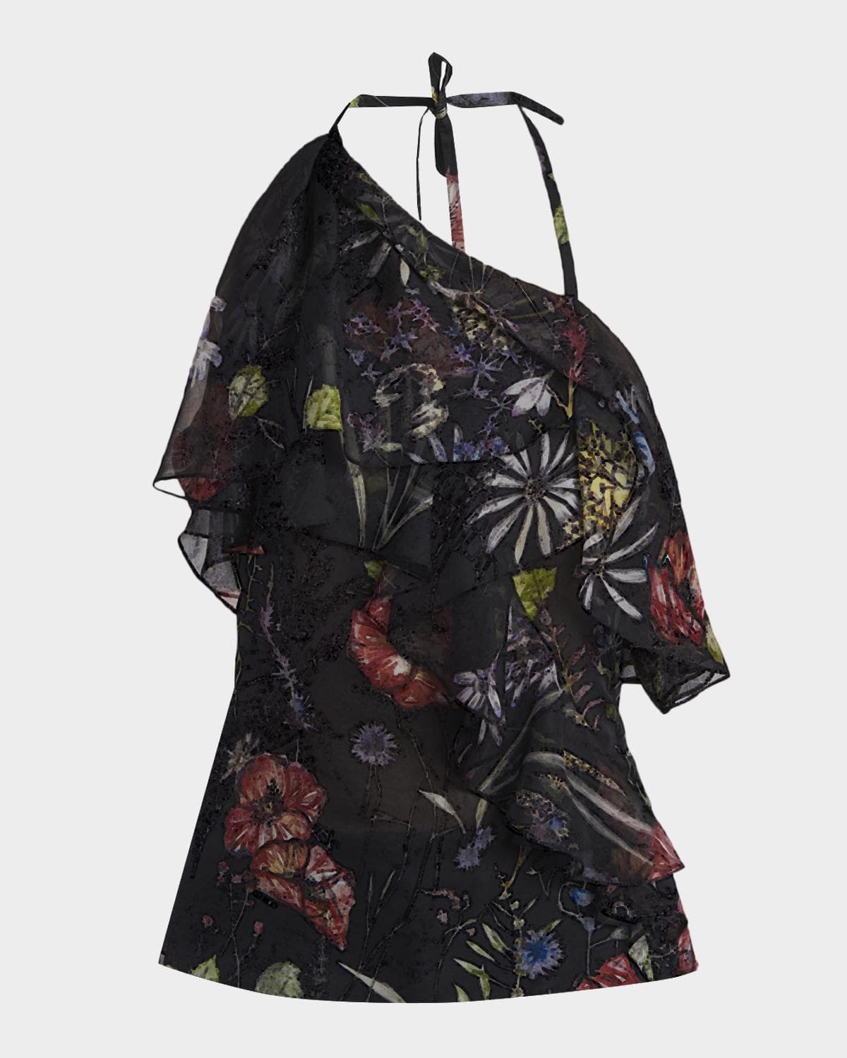 McQueen Asymmetric-Ruffle Floral Silk Halter Top