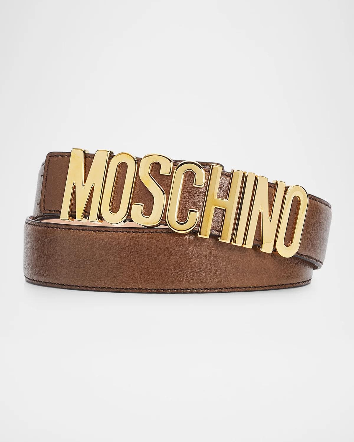 Moschino Men's Lettering Logo Leather Belt, Chocolate