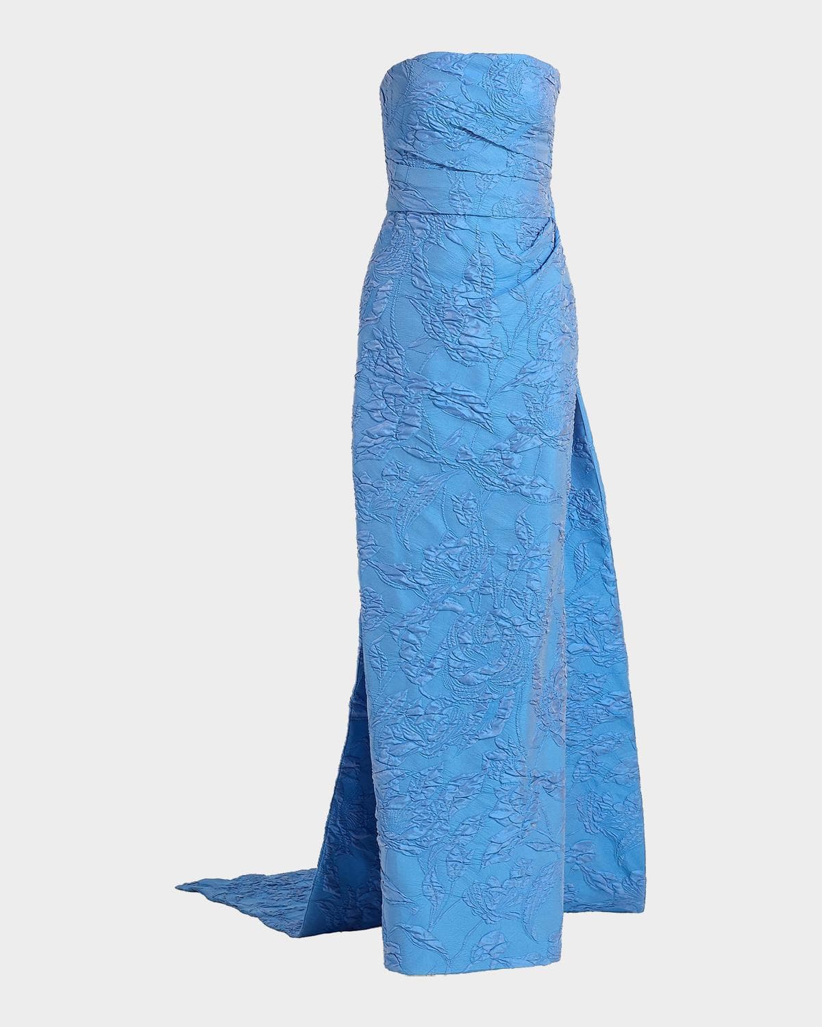Monique Lhuillier Strapless Draped-Train Bubble Jacquard Column Gown